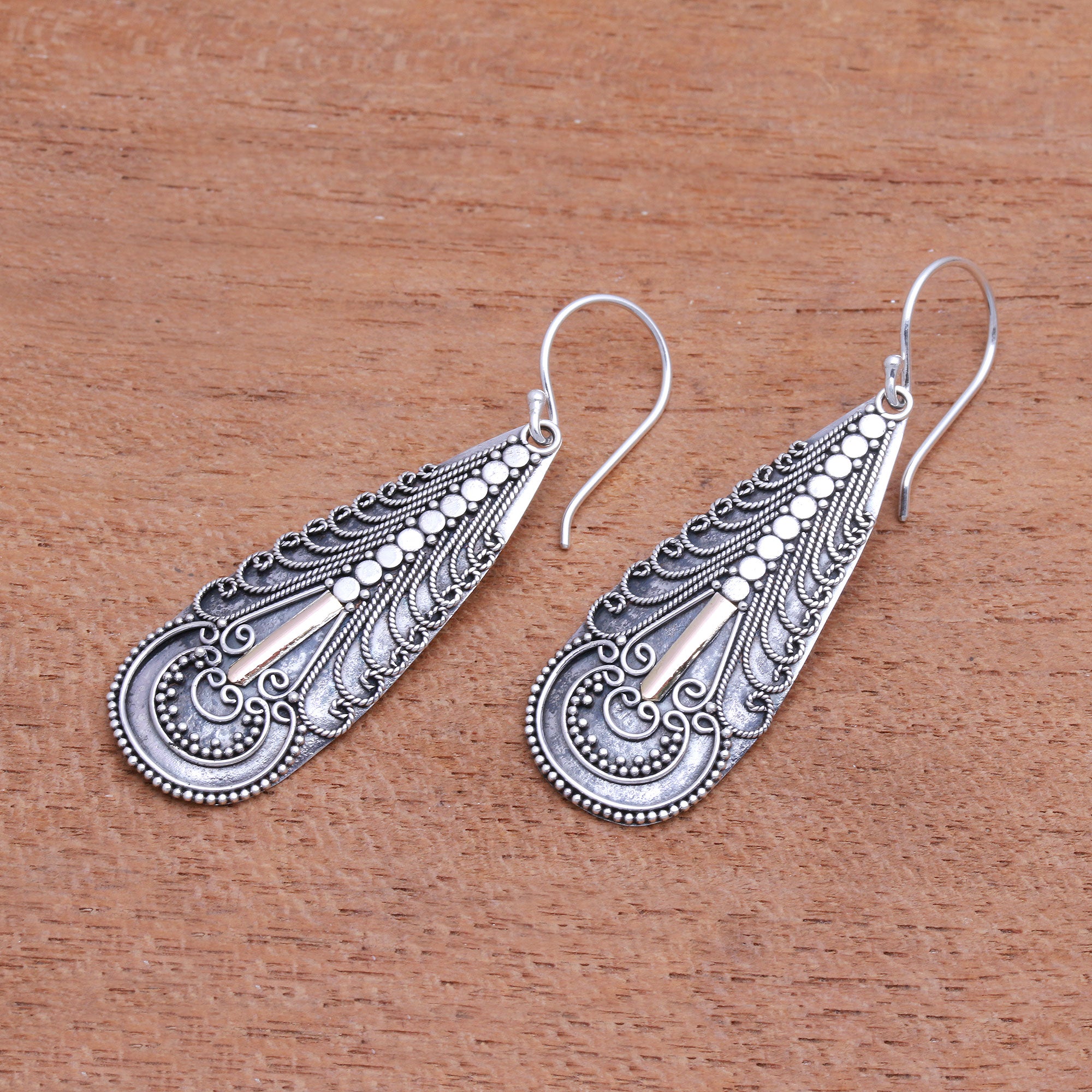 Premium Balinese Artisan Sterling Silver Dangle Earrings with 18K Gold Accents