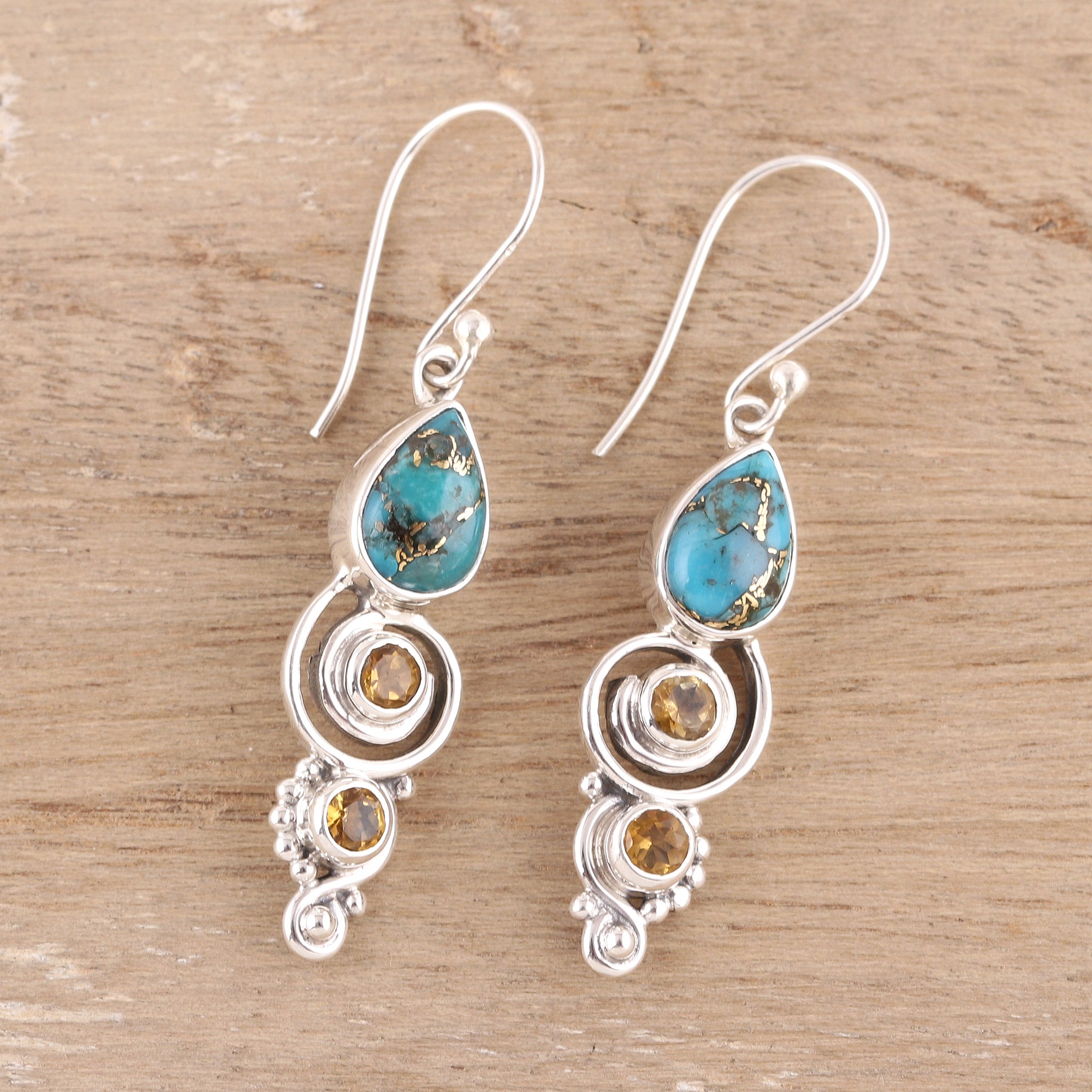 Premium Citrine & Turquoise Dangle Earrings - Handcrafted Sterling Silver Jewelry from India