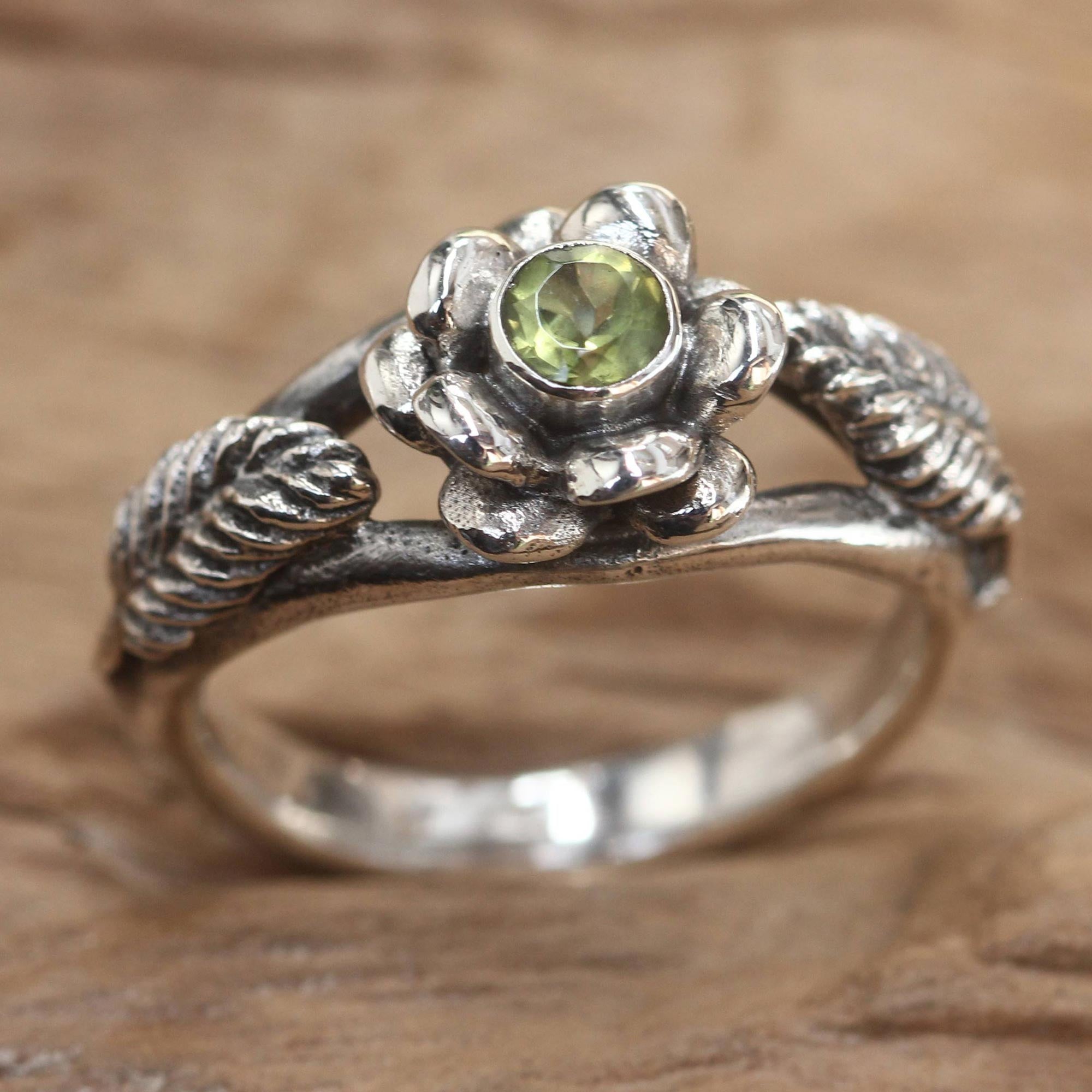 Premium Anemone Blossom Peridot Ring - Handcrafted Sterling Silver Jewelry