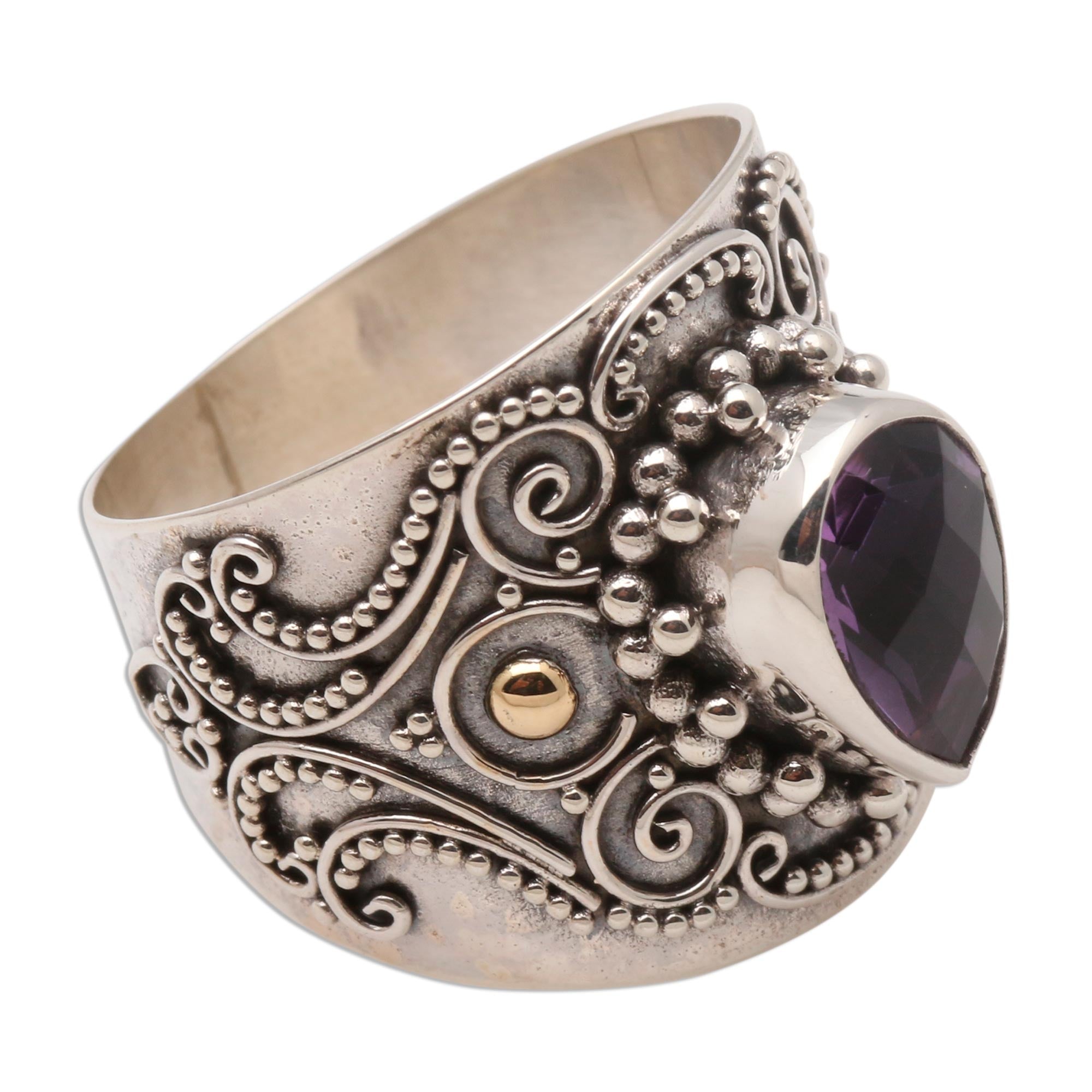 Premium Balinese Amethyst Ring with Gold Accents - Elegant Checkerboard Design