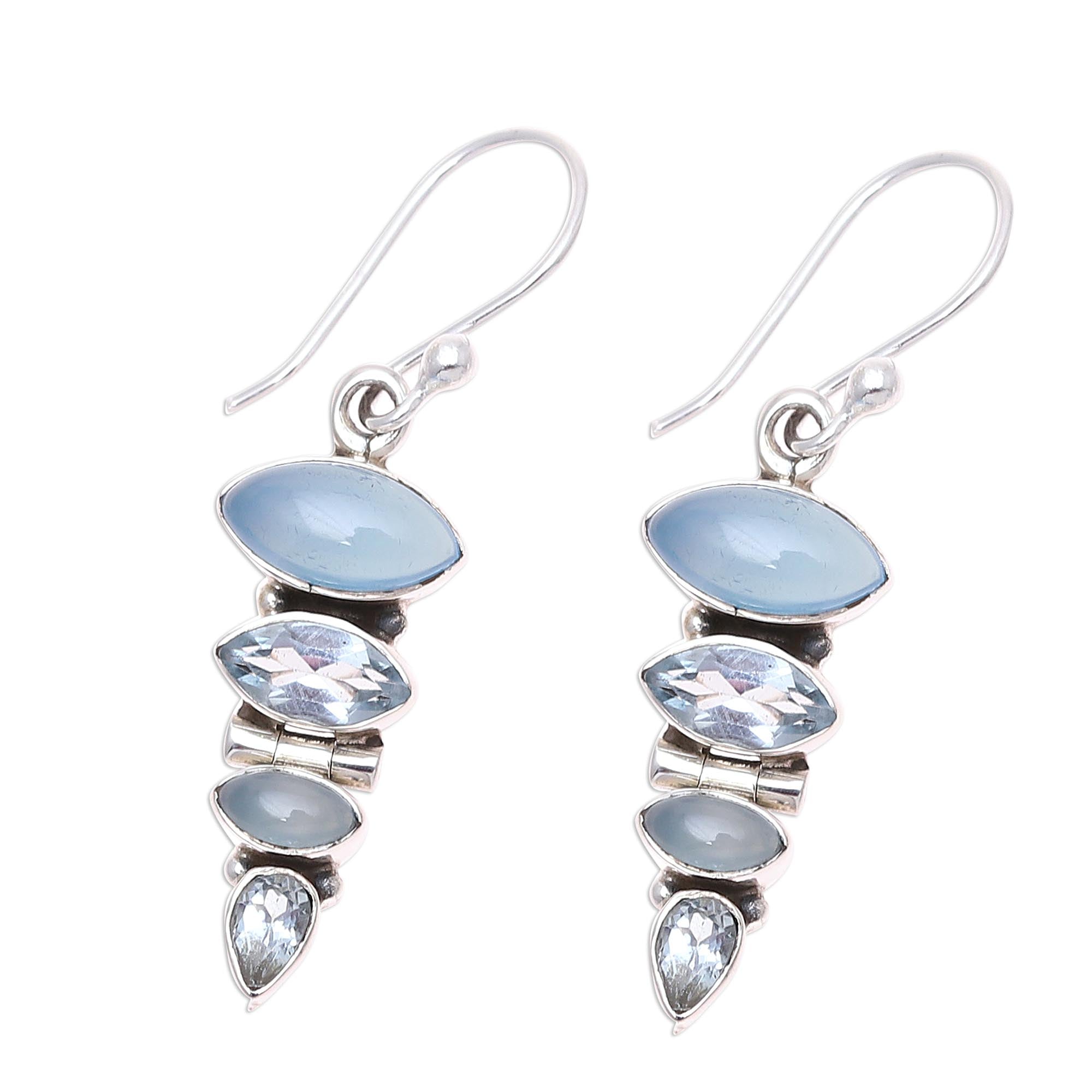 Premium Falling Stars Blue Topaz & Chalcedony Sterling Silver Dangle Earrings