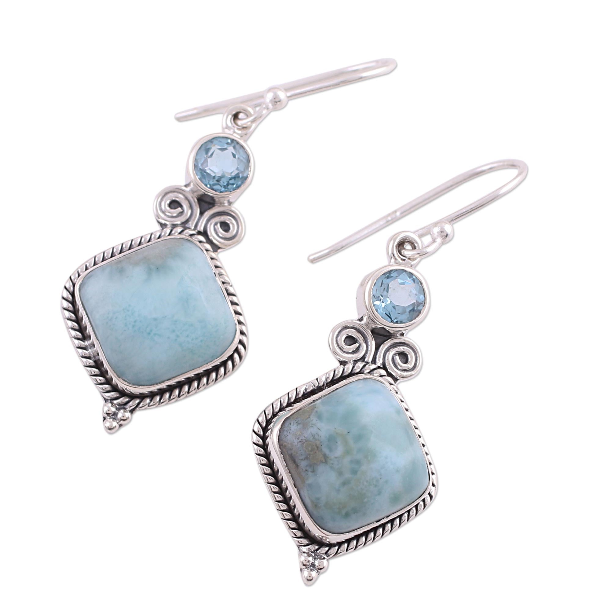 Premium Pastel Seas Blue Topaz & Larimar Sterling Silver Dangle Earrings