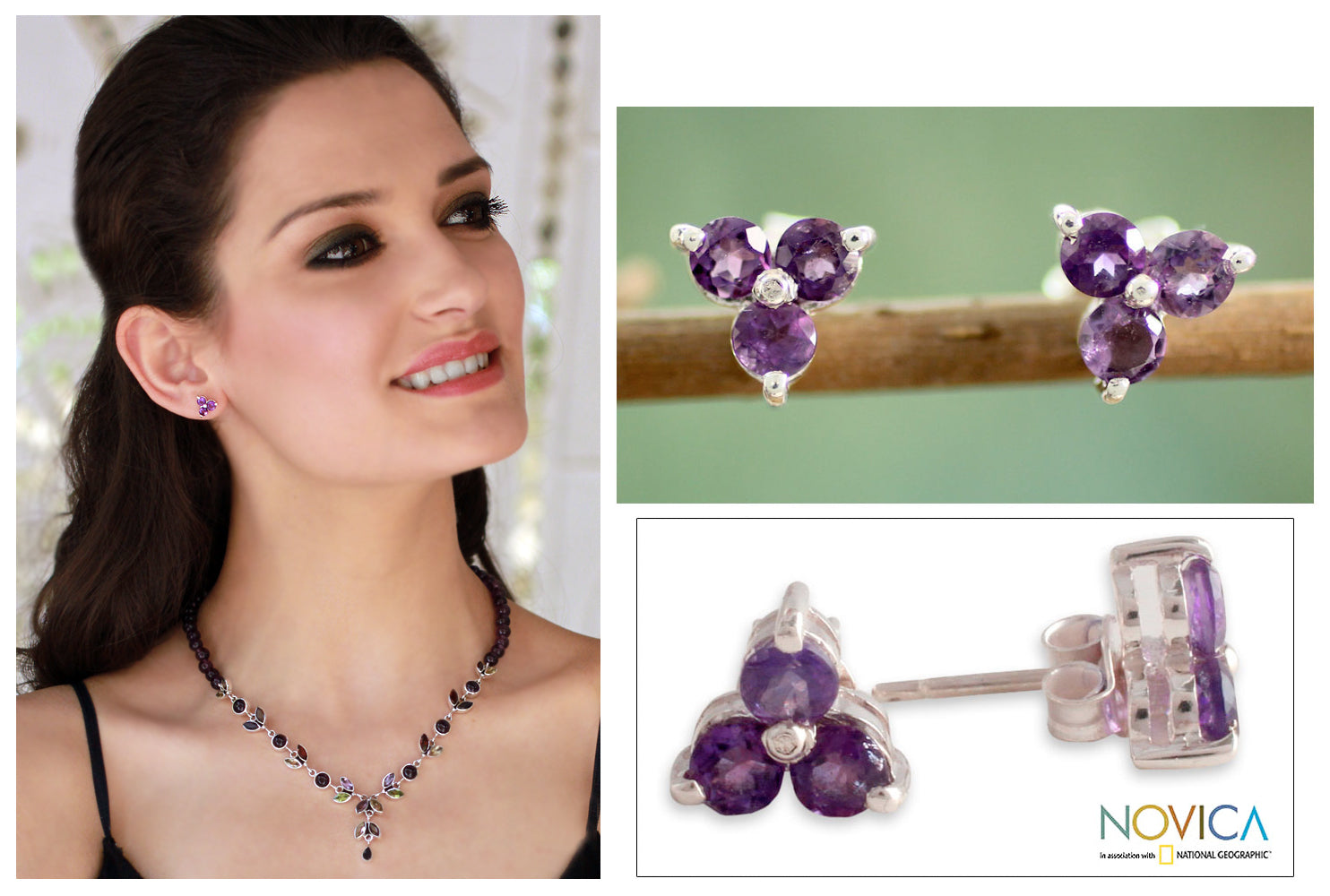 Premium Amethyst Trio Silver Button Earrings - Handcrafted Elegance