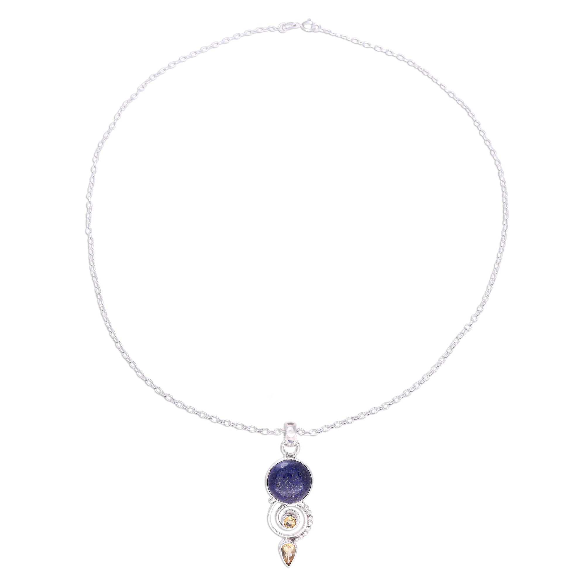 Premium Spiral Citrine & Lapis Lazuli Necklace – Handcrafted Sterling Silver Jewelry