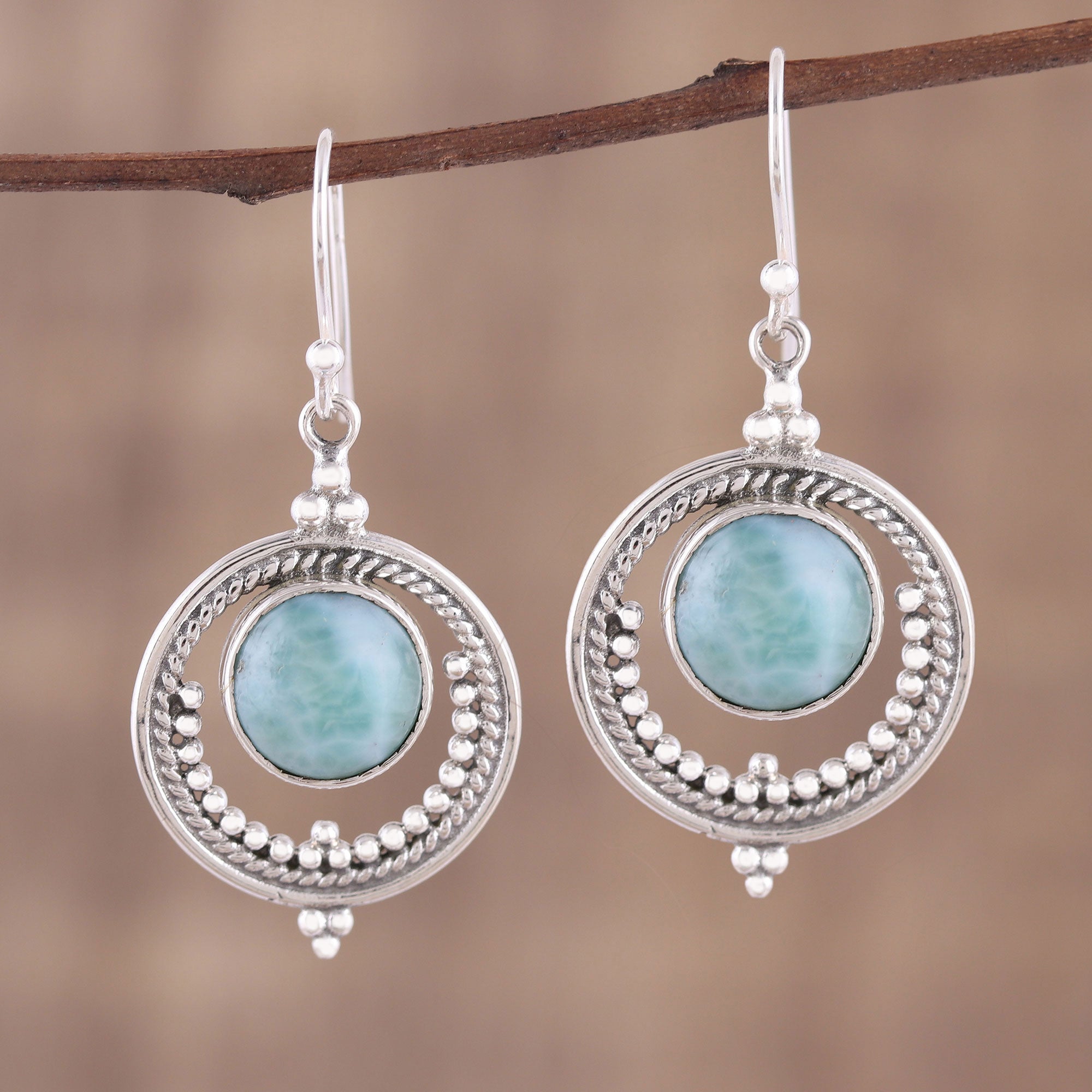 Premium Lunar Delight Larimar Silver Dangle Earrings - Handcrafted in India