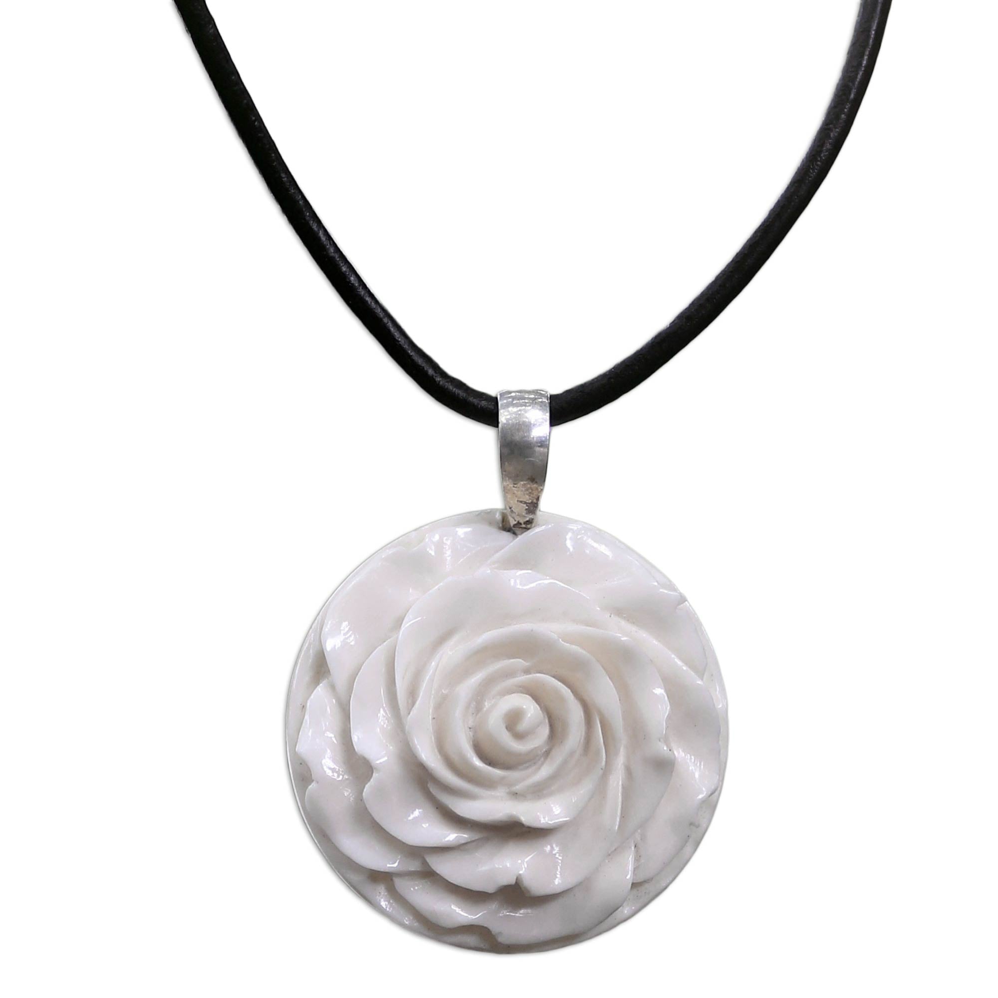 Premium Glorious Rose Bone Pendant Necklace - Handmade in Bali