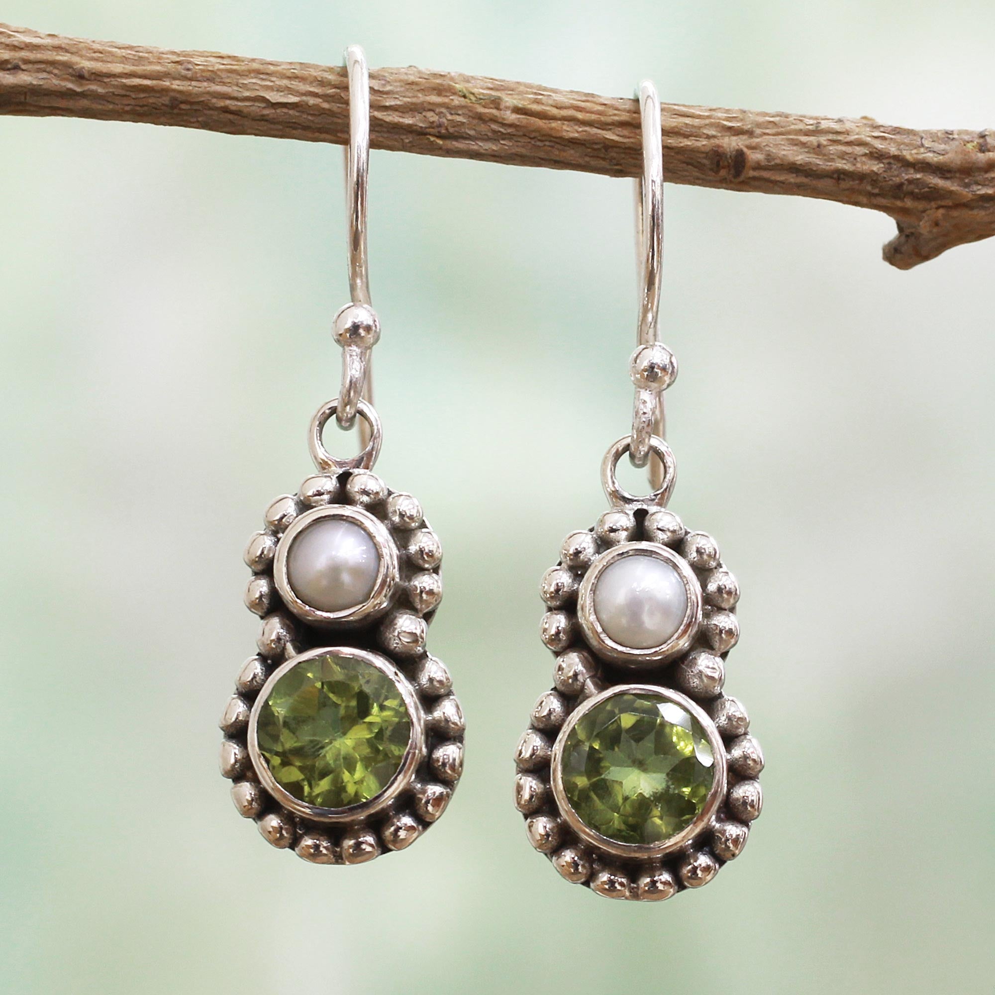 Premium Kolkata Sparkle Peridot & Pearl Silver Dangle Earrings