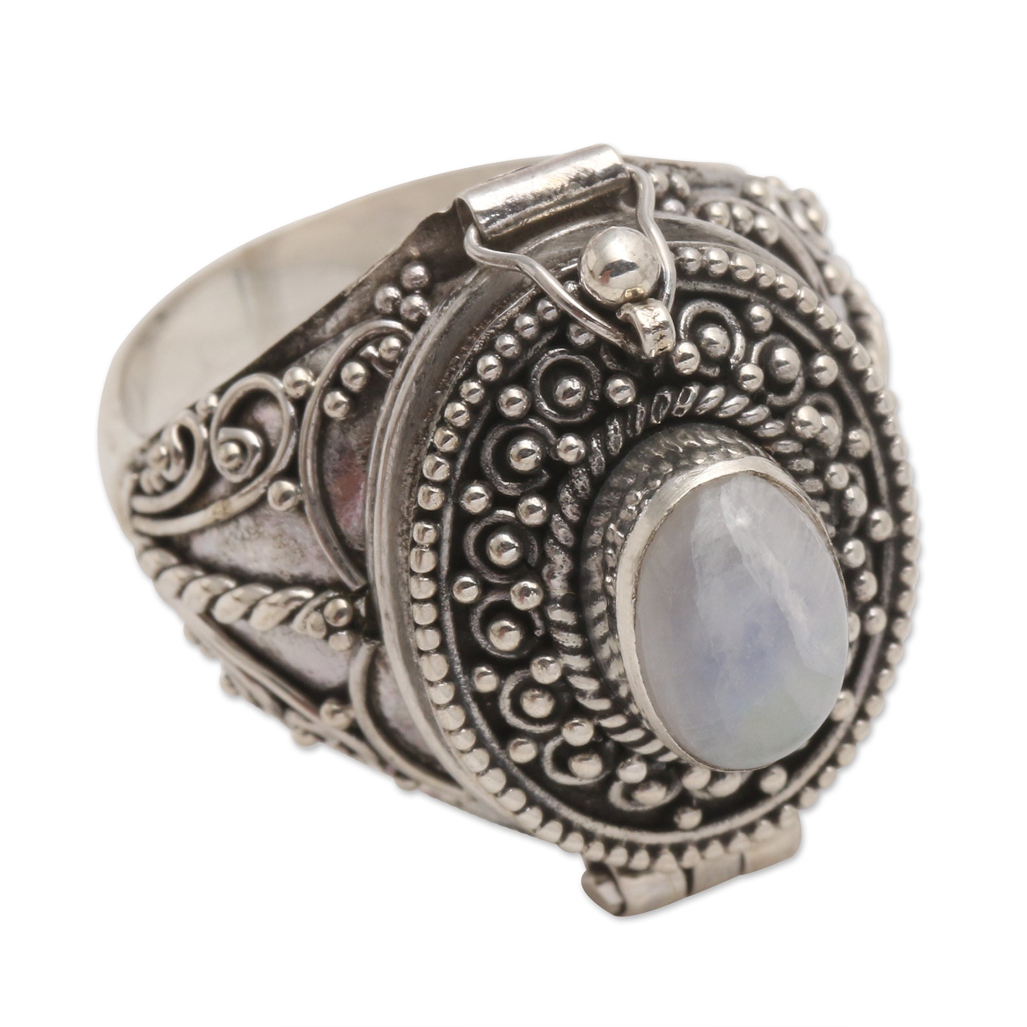 Premium Secret Compartment Rainbow Moonstone Cocktail Ring - Sterling Silver