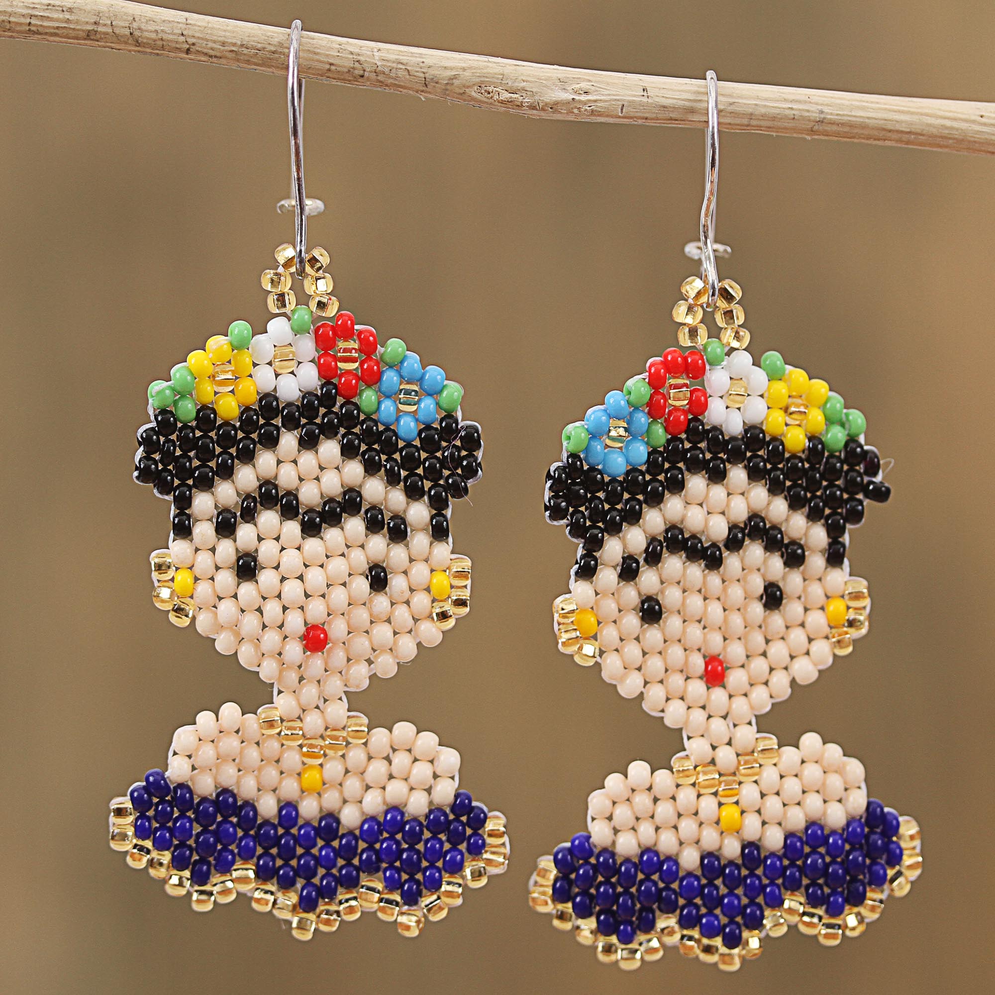 Premium Blue Frida Kahlo Glass Beaded Dangle Earrings – Handcrafted in Mexico