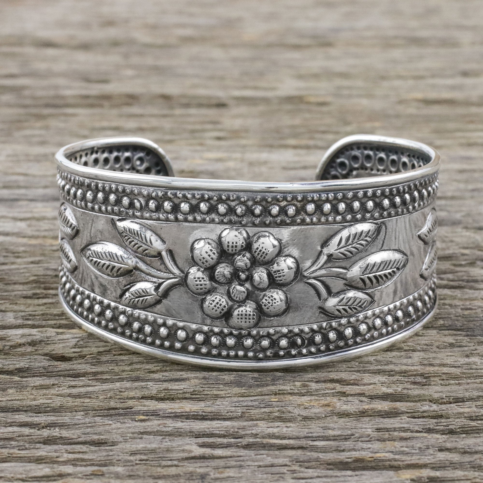 Premium Thai Sterling Silver Floral Cuff Bracelet - Handcrafted Elegance