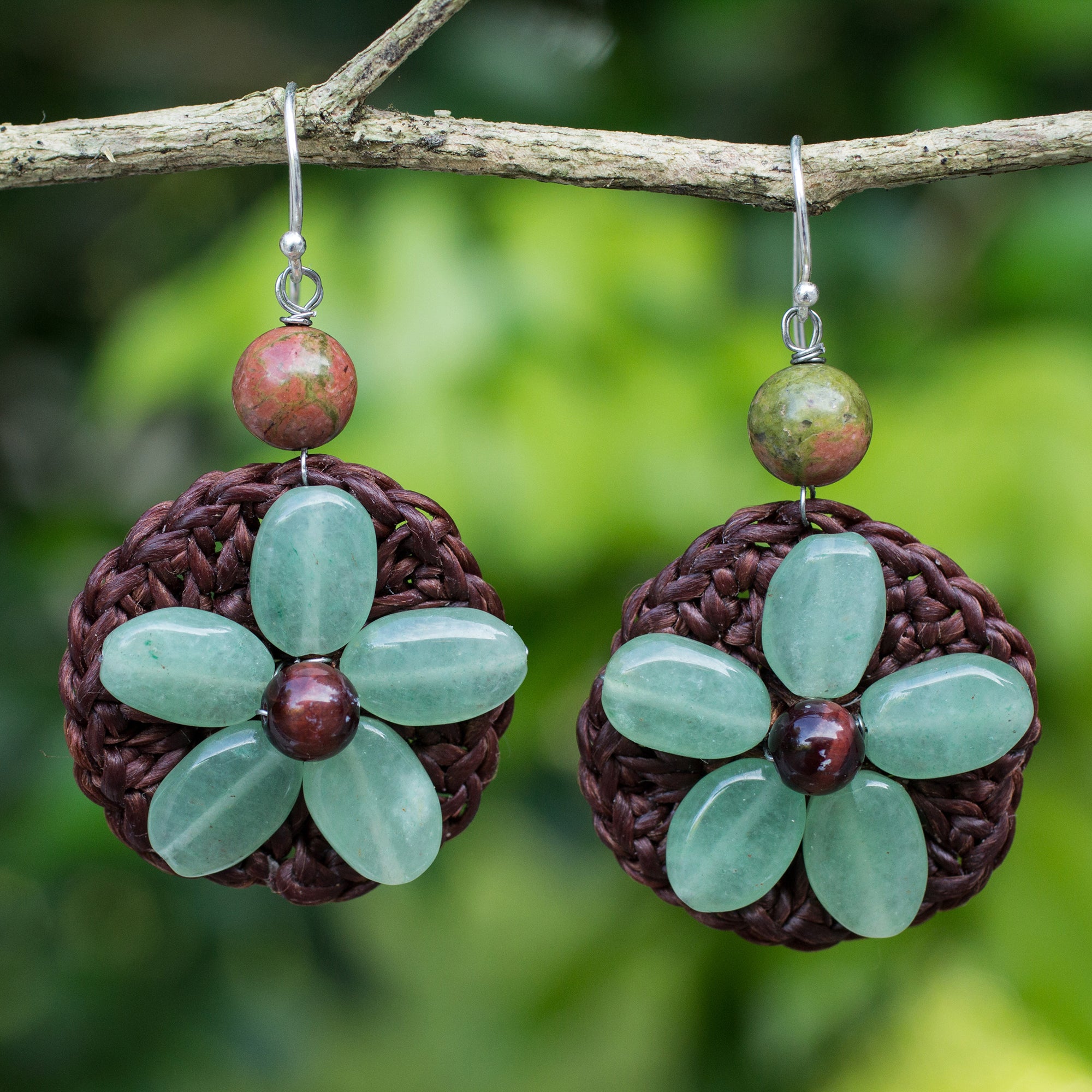 Premium Pastel Daisy Crochet Earrings with Green Quartz & Sterling Silver