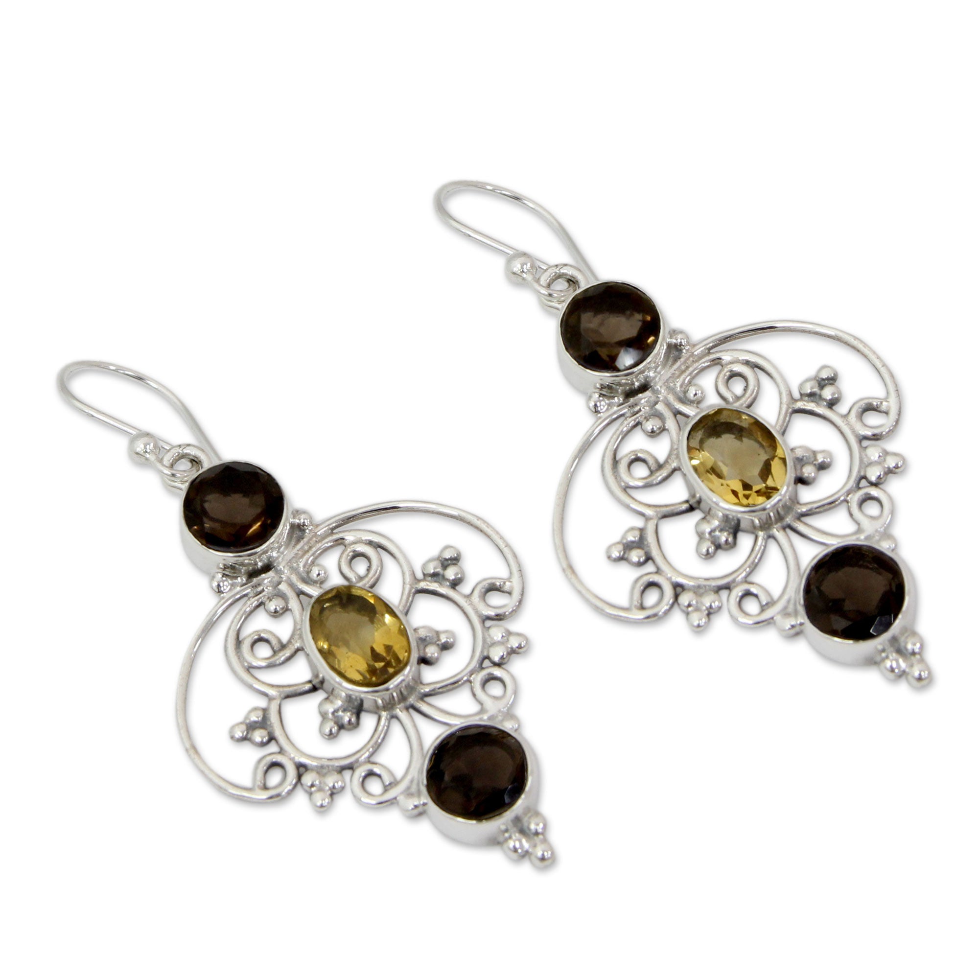 Premium Dusk Arabesque Indian Sterling Silver Earrings with Smoky Quartz & Citrine