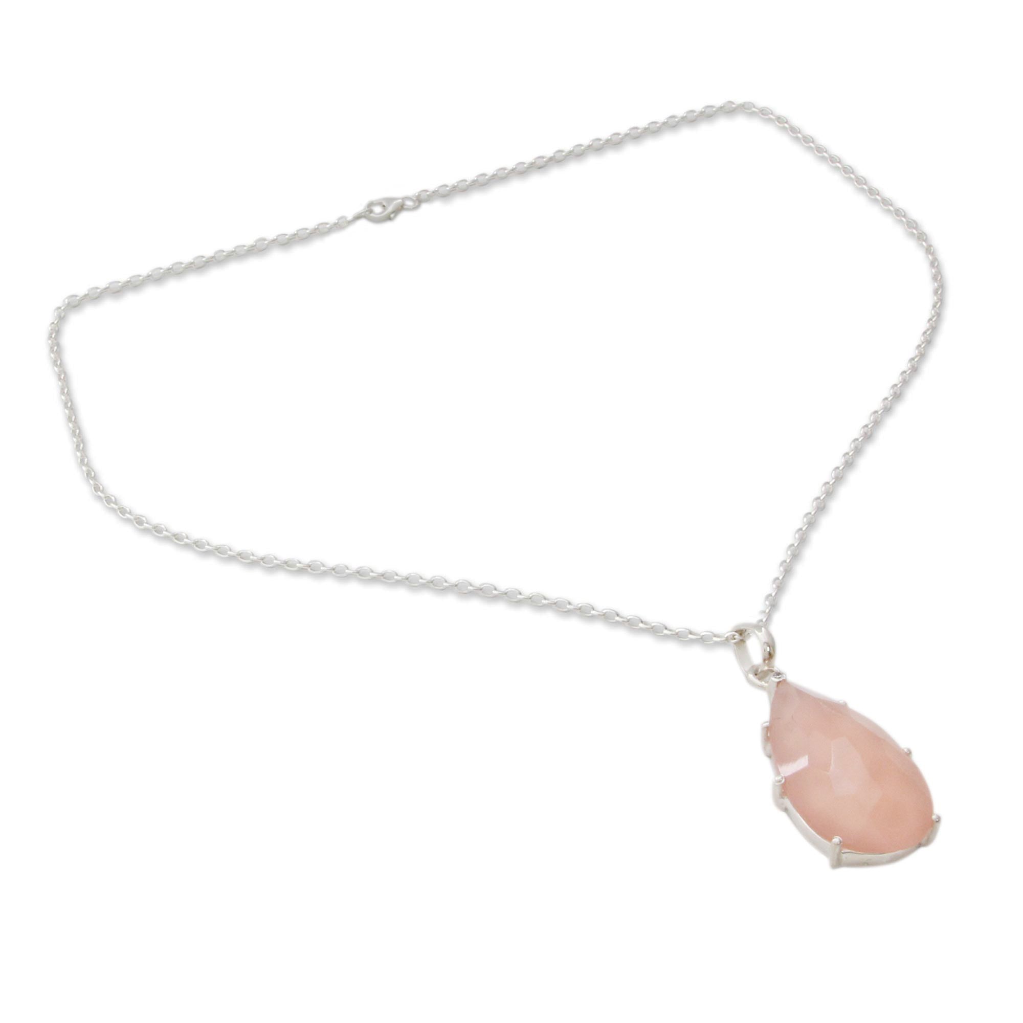 Premium Rose Droplet Necklace - Handcrafted Pink Chalcedony & Sterling Silver