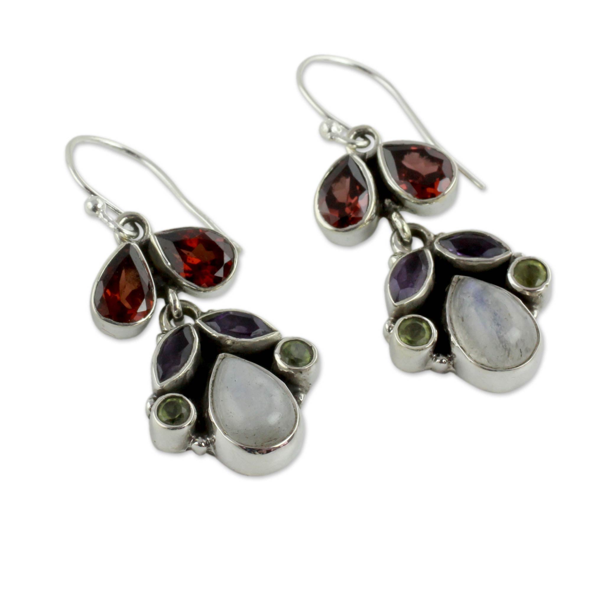 Premium Garnet & Rainbow Moonstone Chandelier Earrings - Handcrafted Sterling Silver