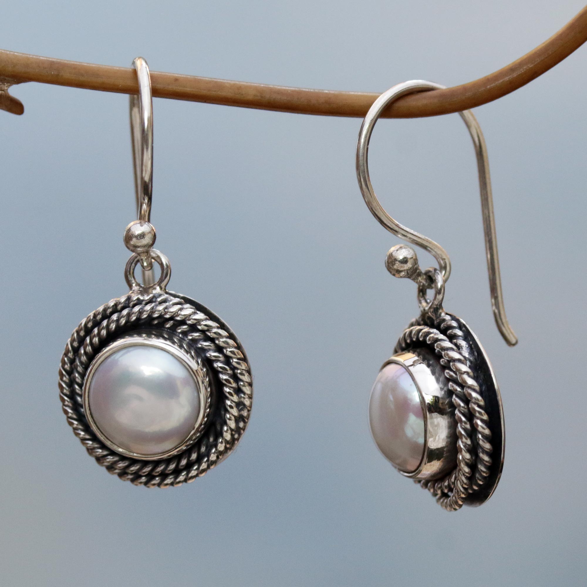 Premium White Cultured Pearl Dangle Earrings with Sterling Silver Rope Design