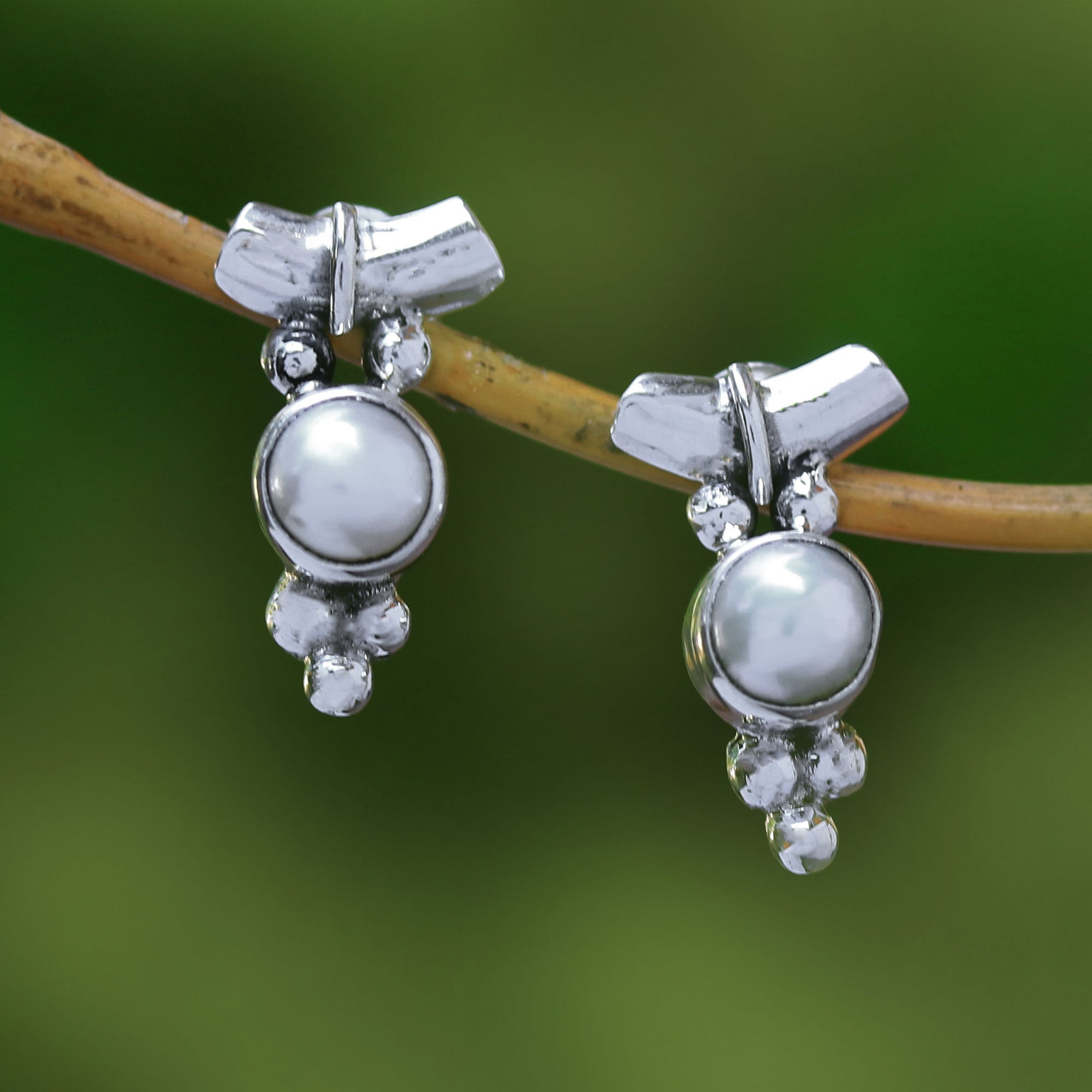 Premium Bali Pearl Drop Earrings with Sterling Silver Dot Motif