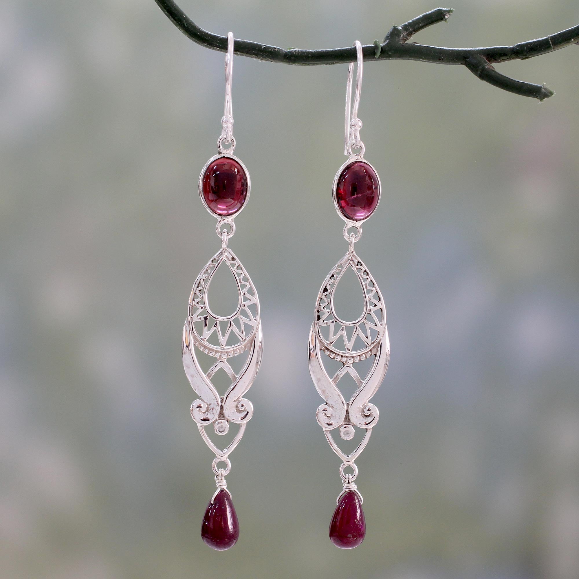 Premium Mughal Ruby & Garnet Dangle Earrings in Sterling Silver - Timeless Indian Elegance