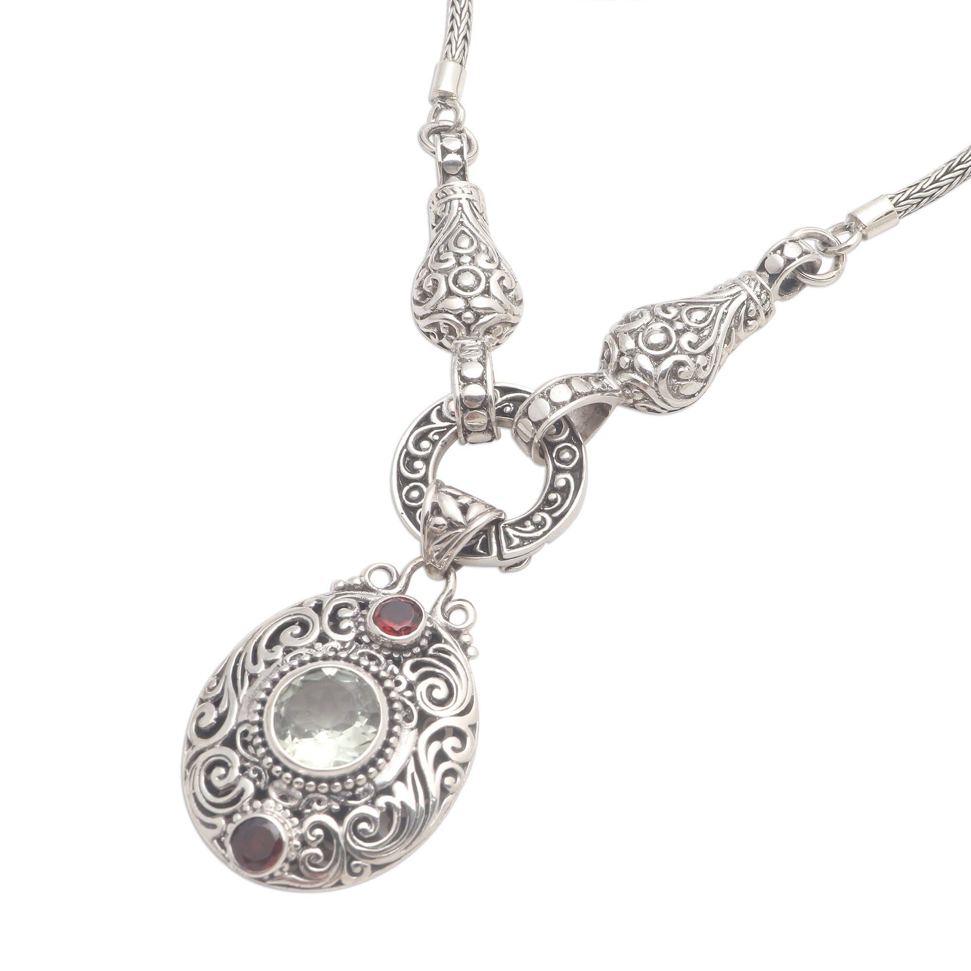 Premium Sterling Silver Prasiolite & Garnet Y-Necklace – Ultimate Elegance