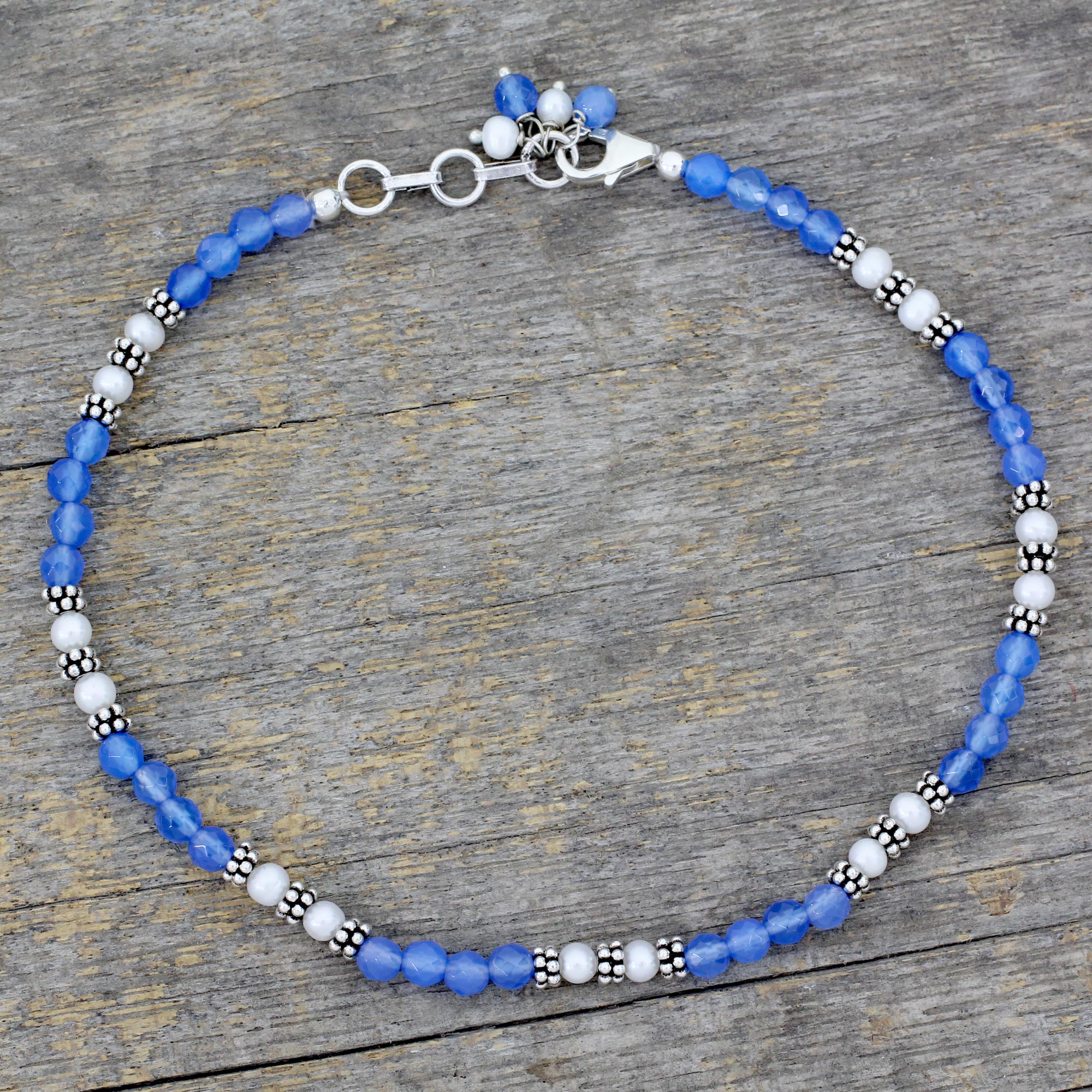 Premium Sky Pearl Anklet - Elegant Blue Chalcedony & Cultured Pearl Design