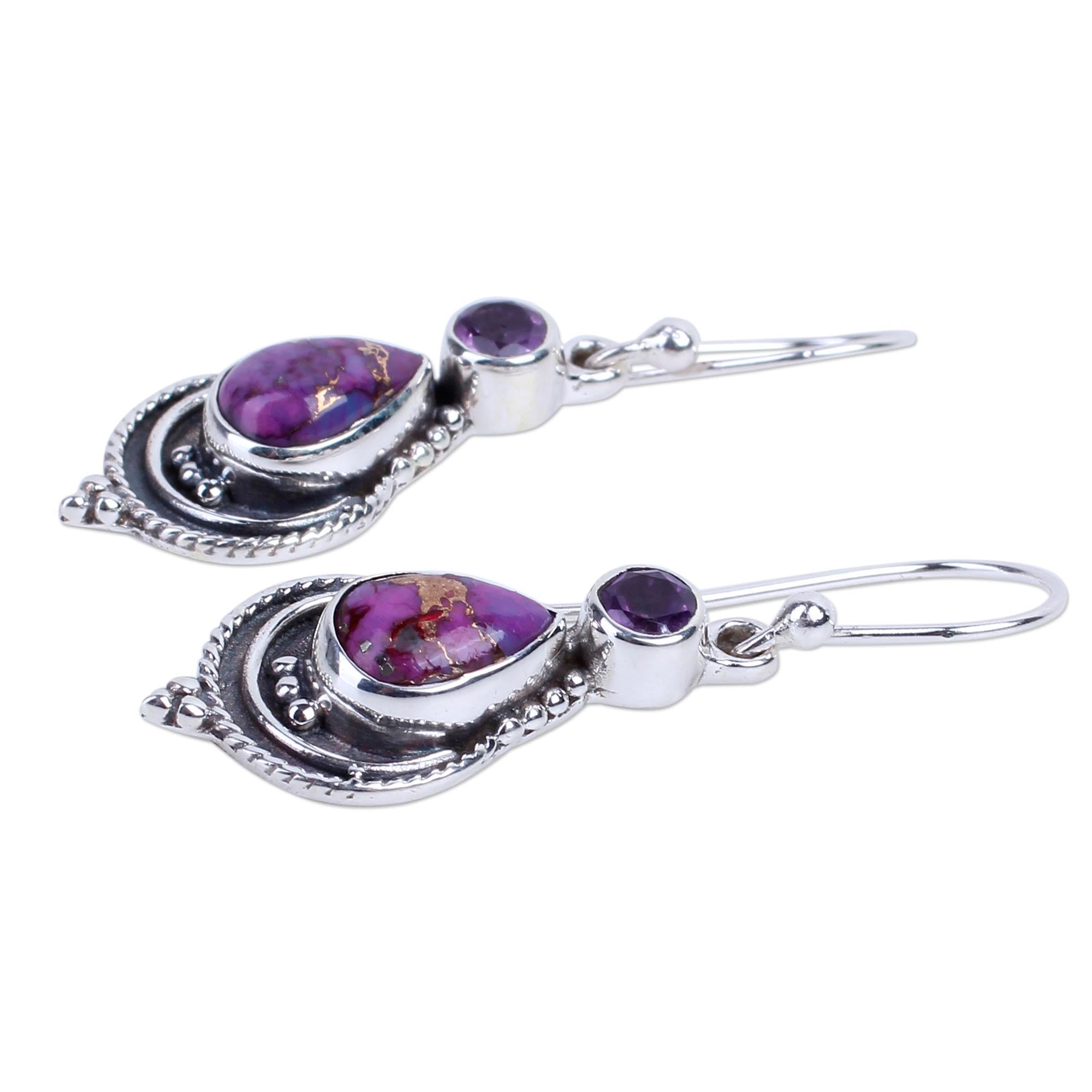 Premium Mughal Lilac Sterling Silver Dangle Earrings - Handcrafted Elegance