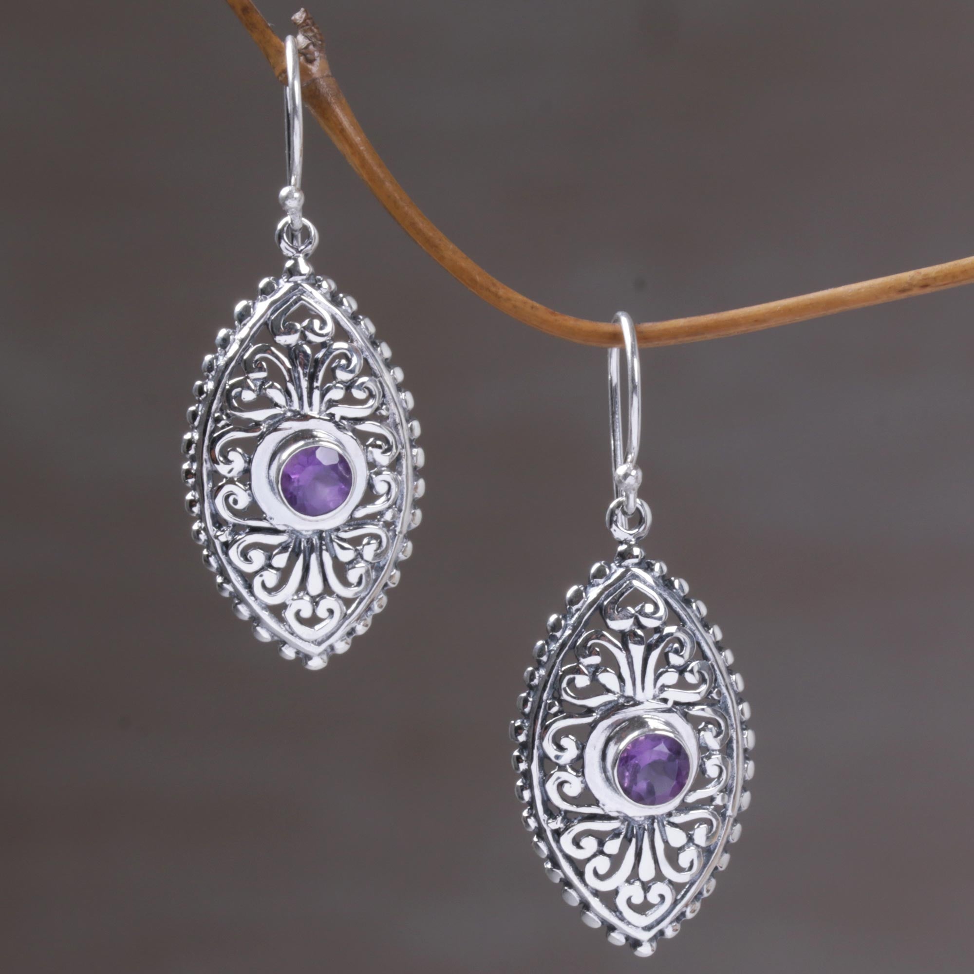 Premium Amethyst Dangle Earrings - Handcrafted Balinese Sterling Silver Jewelry