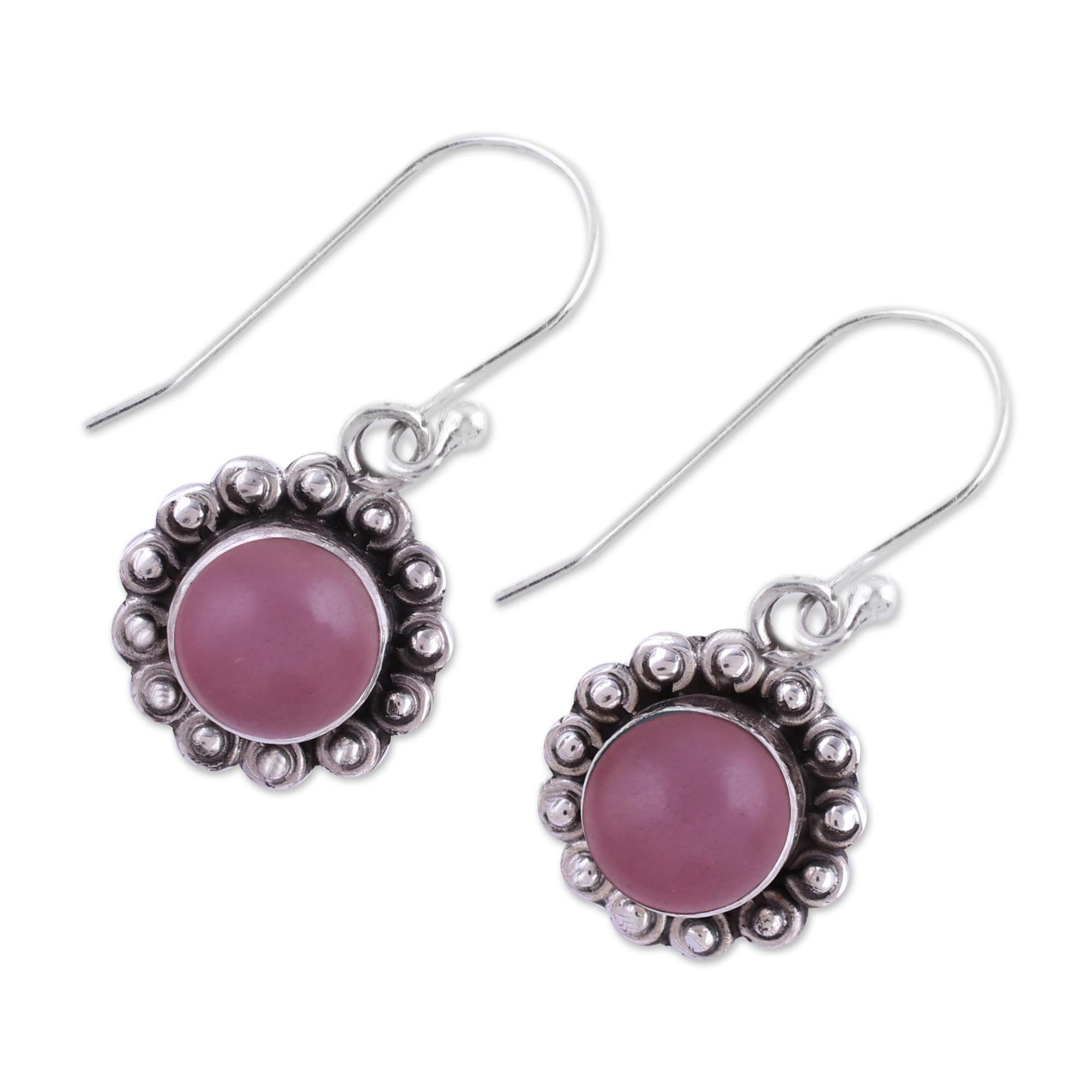 Premium Pink Chalcedony Sterling Silver Floral Dangle Earrings - Vintage Charm