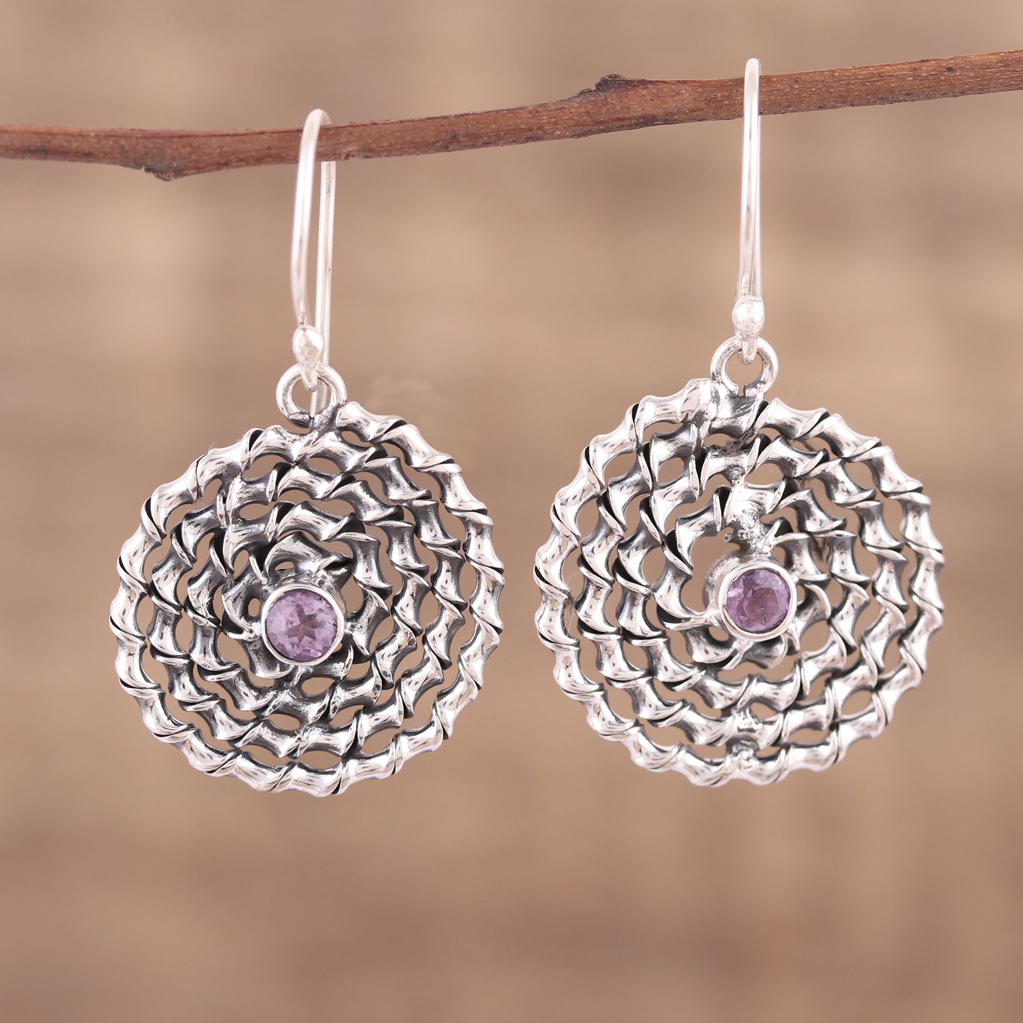 Premium Lavender Spiral Amethyst Sterling Silver Dangle Earrings - Handcrafted in India