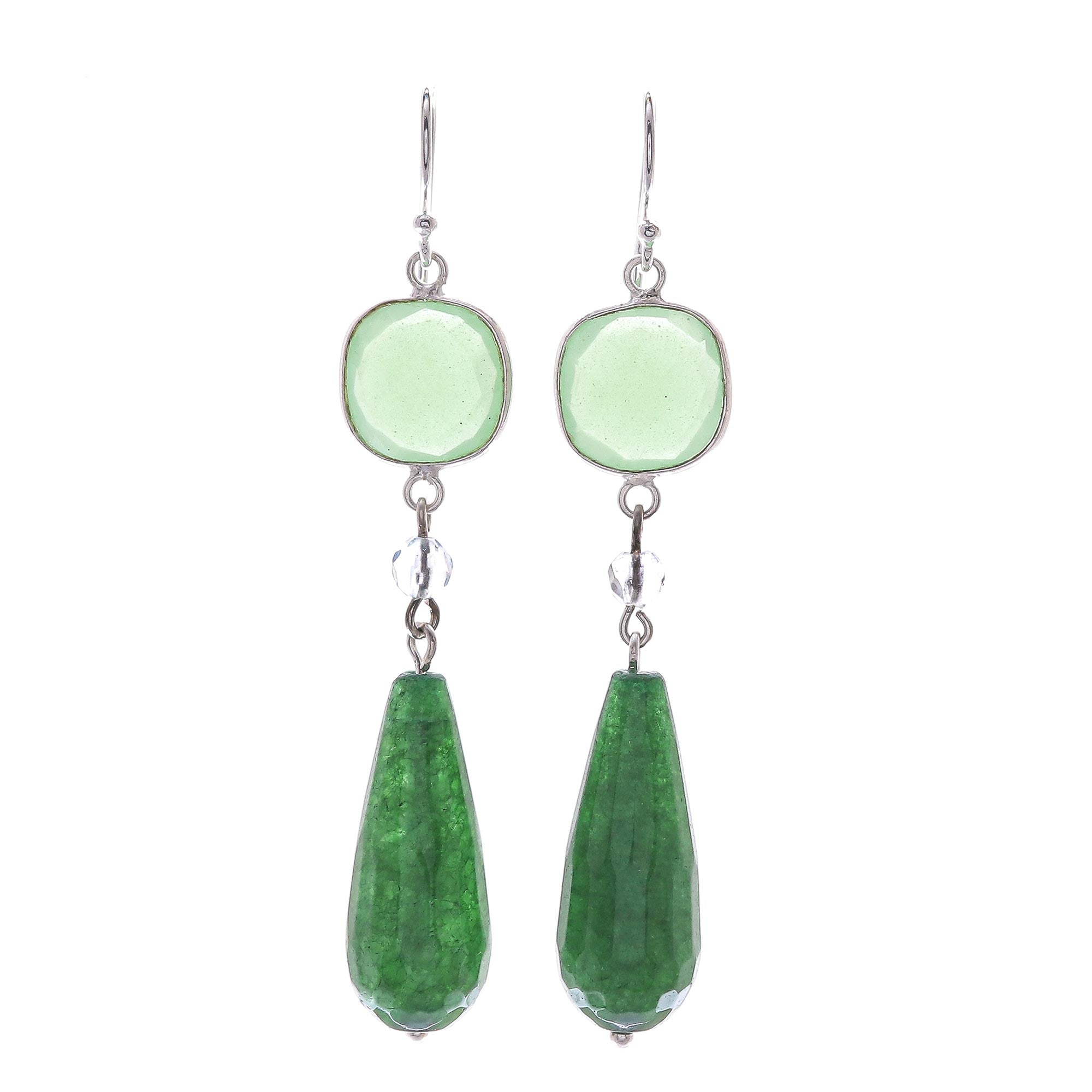 Premium Green Chalcedony & Quartz Dangle Earrings - Ultimate Elegance