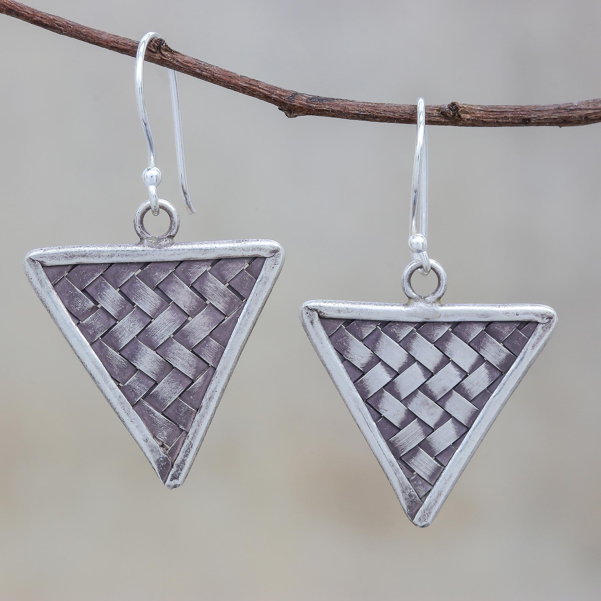 Premium Triangle Weave Silver Dangle Earrings - Handcrafted Karen Hill Tribe Artisan Design