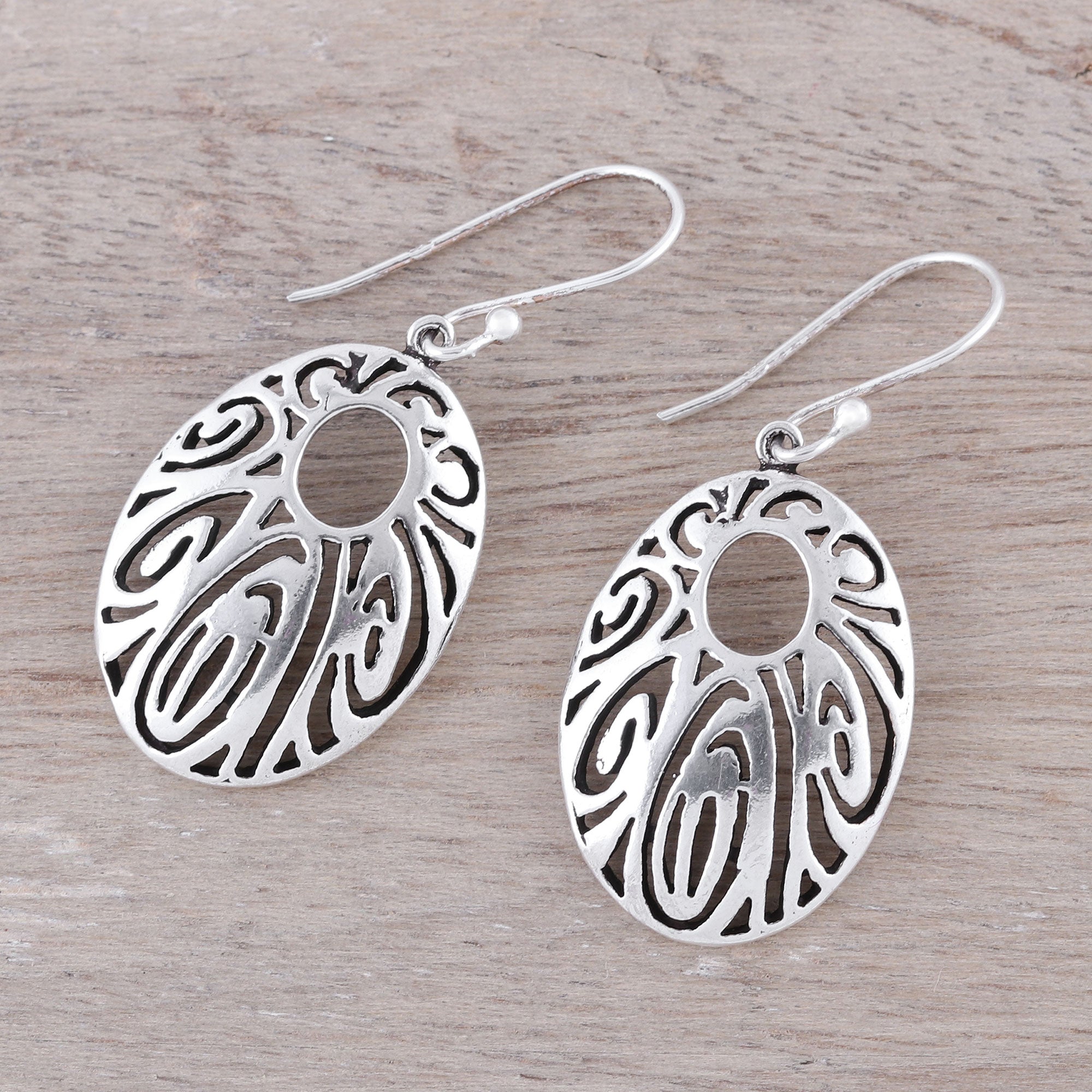 Premium Elliptical Sterling Silver Dangle Earrings – Elegant Openwork Design