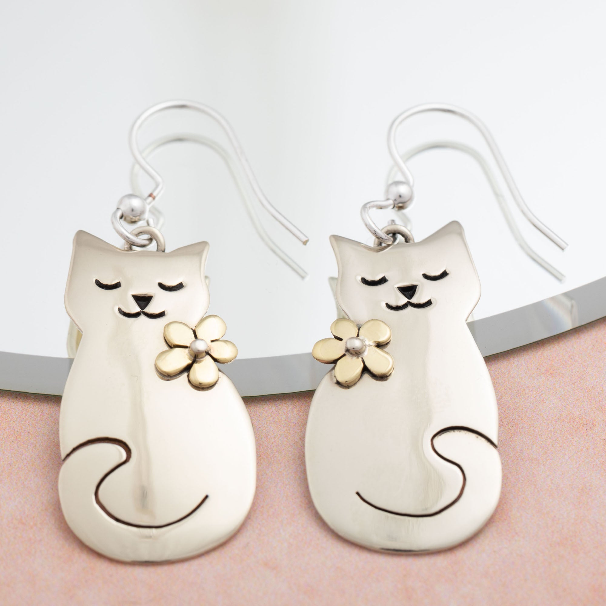 Premium Cat & Floral Mixed Metal Earrings - Handcrafted Elegance