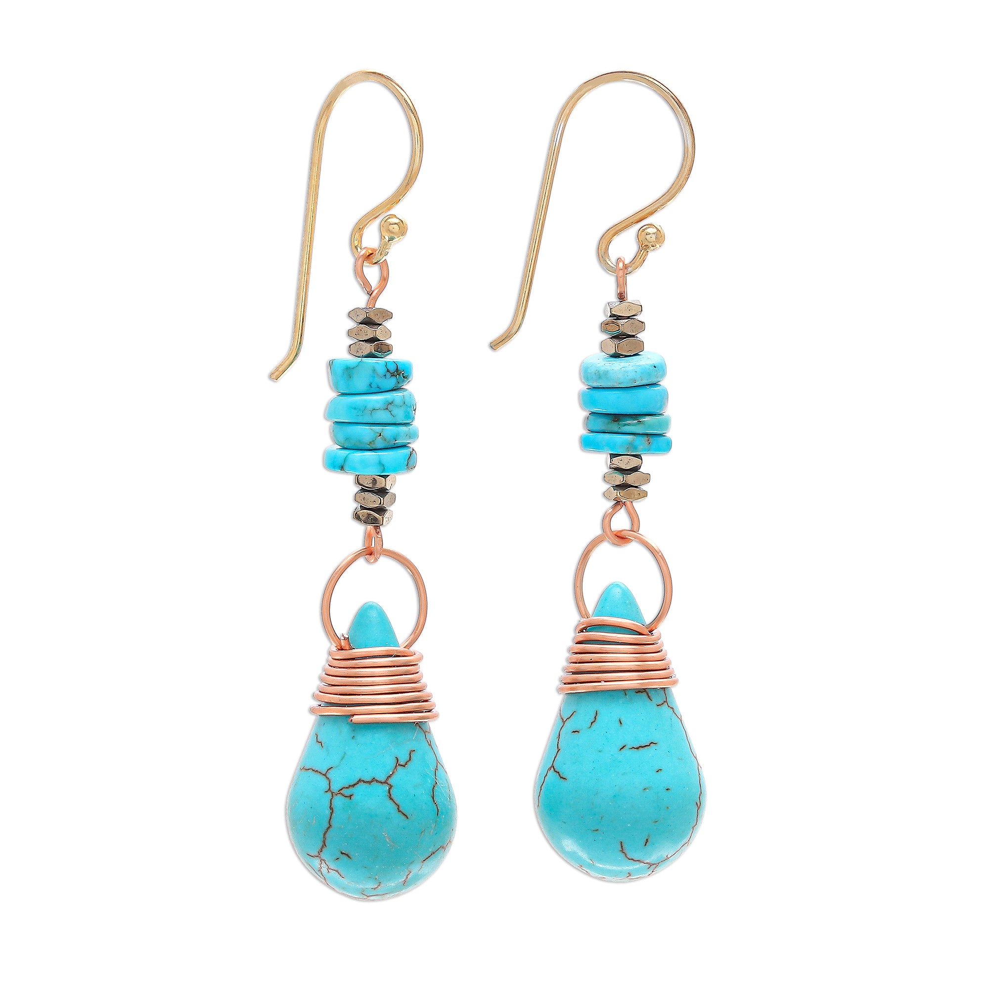 Premium Rainshower Howlite Pyrite Turquoise Dangle Earrings - Handcrafted Elegance