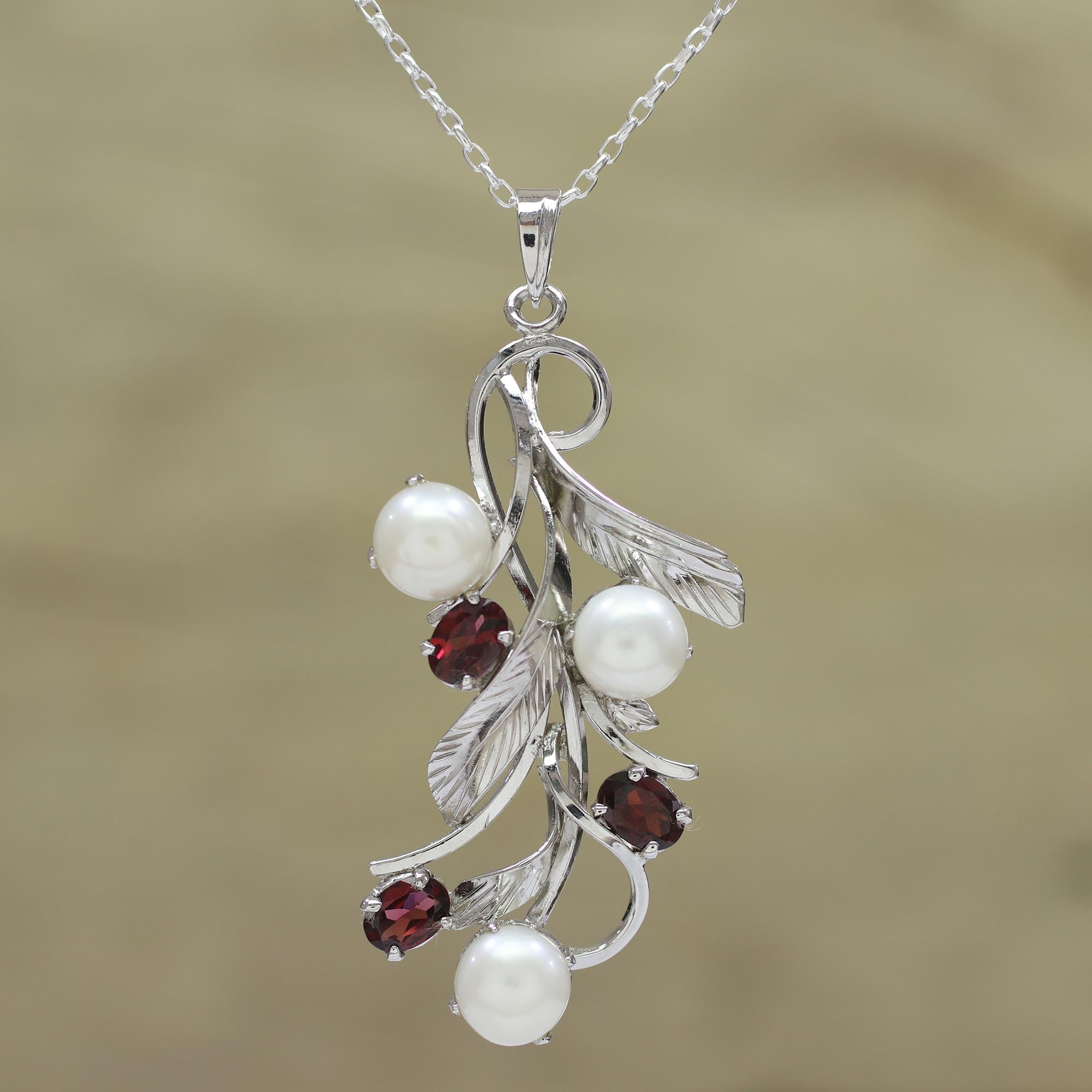 Premium Blissful Nature Necklace - Cultured Pearls & Garnet Jewelry from India