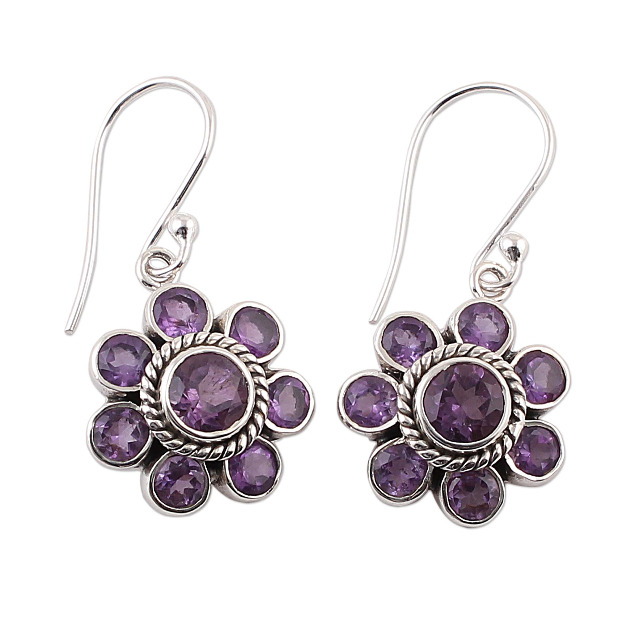 Premium Morning Glitter Amethyst Dangle Earrings - Handcrafted Sterling Silver Jewelry from India