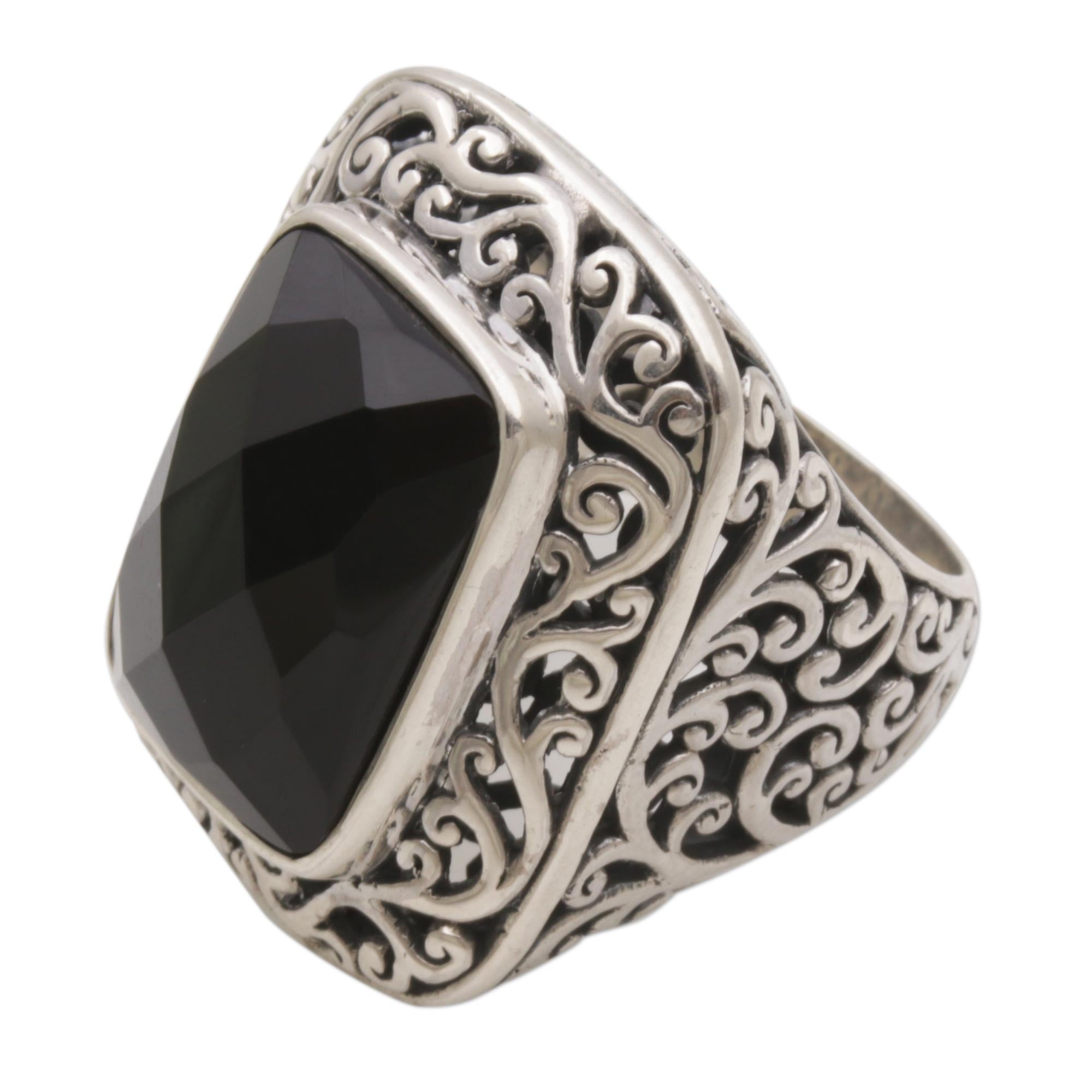 Premium Spiraling Black Onyx Silver Cocktail Ring - Handcrafted Elegance