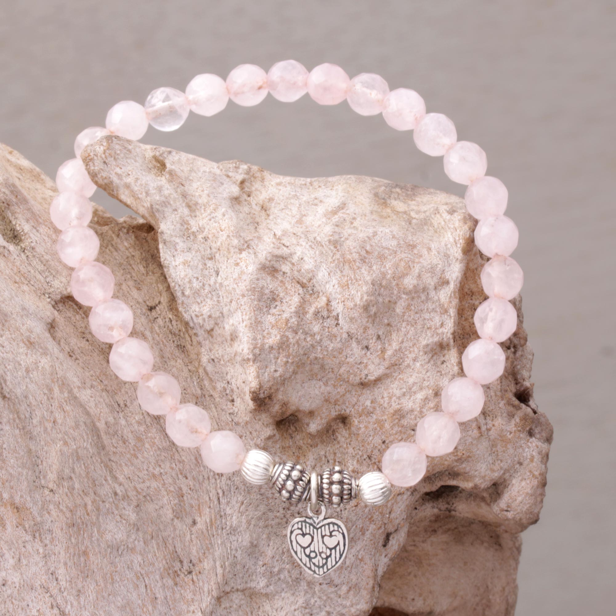 Premium Rose Quartz Heart Charm Bracelet - Handcrafted in Bali