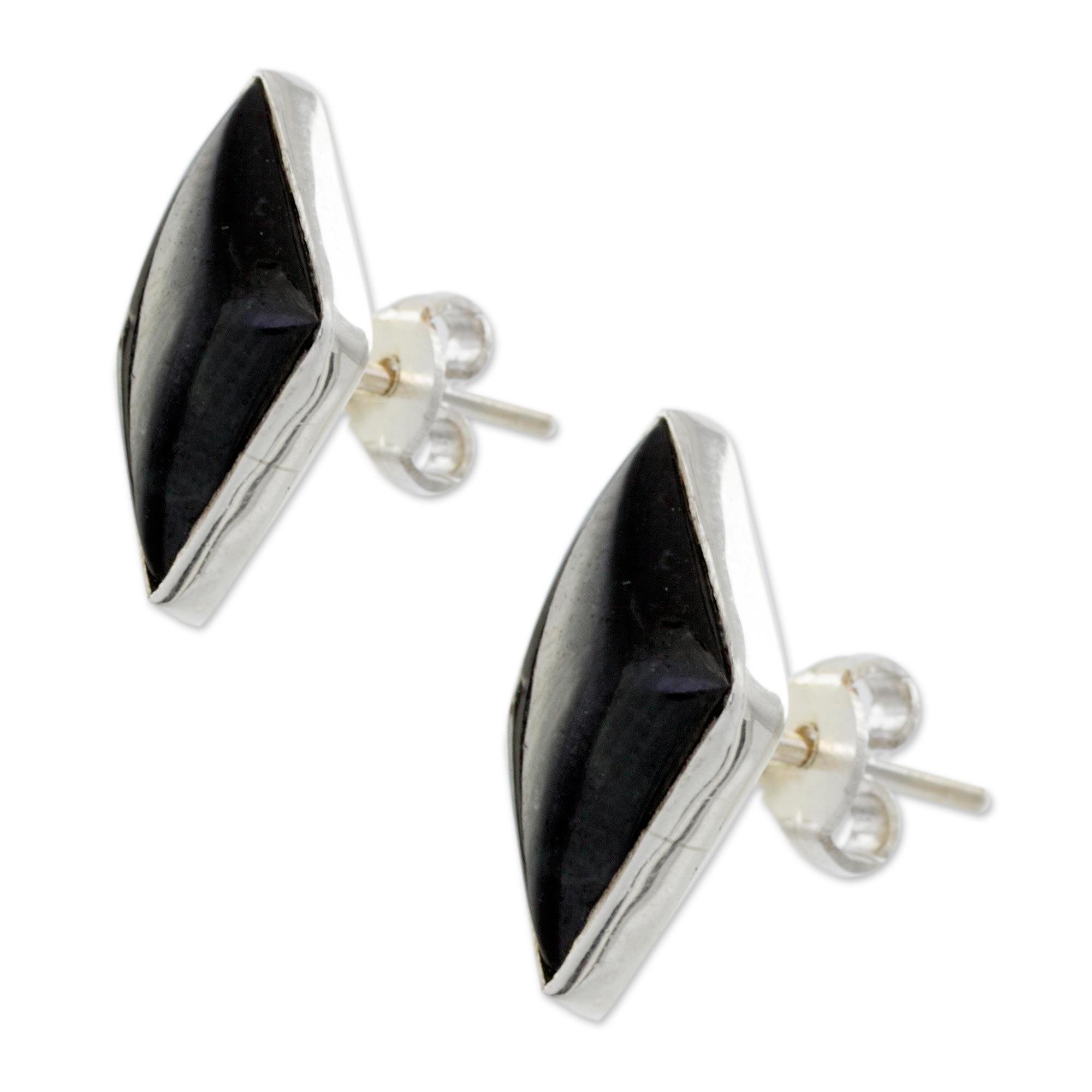 Premium Midnight Maya Diamond Modern Black Jade Earrings in Sterling Silver