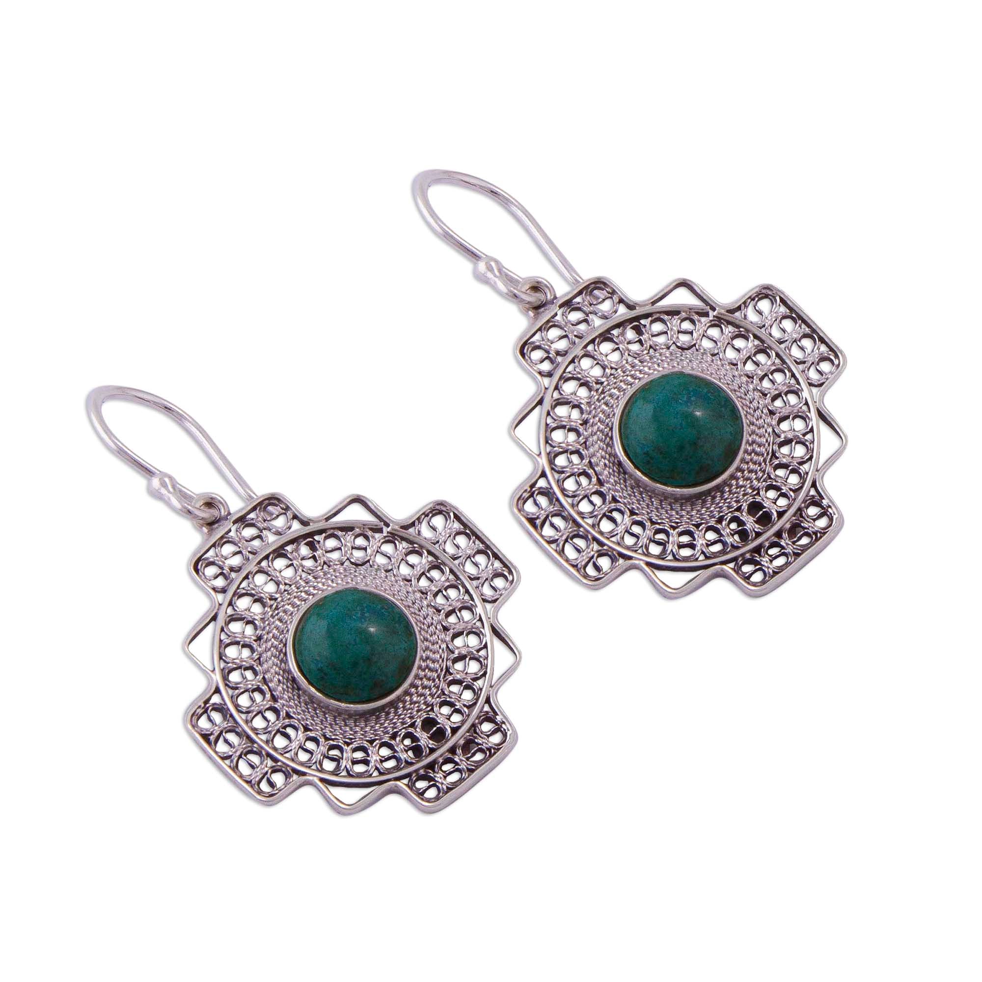 Premium Green Valley Chakana Cross Filigree Earrings - Handcrafted in Peru