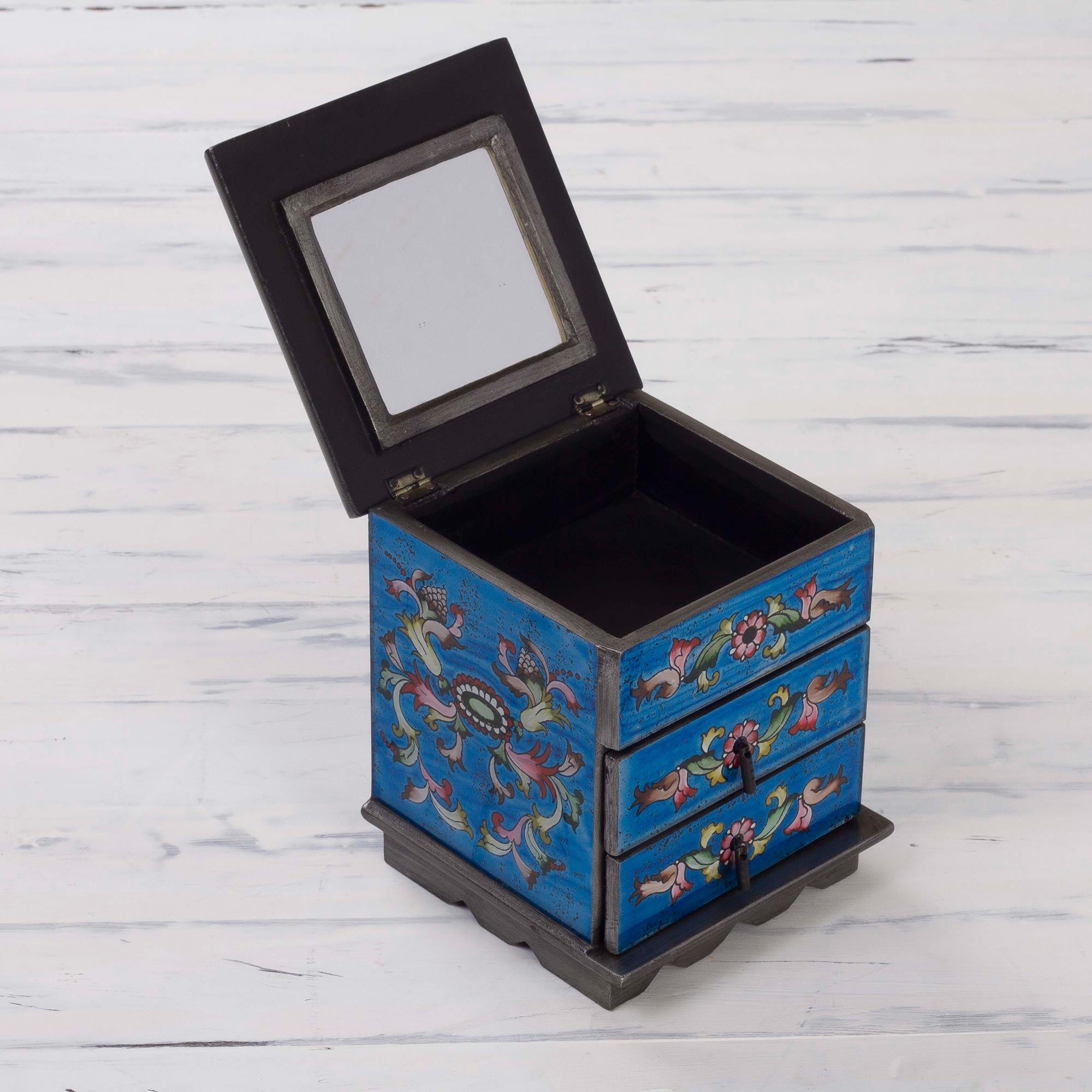 Premium Celestial Blue Hand-Painted Glass Jewelry Chest with Mirror