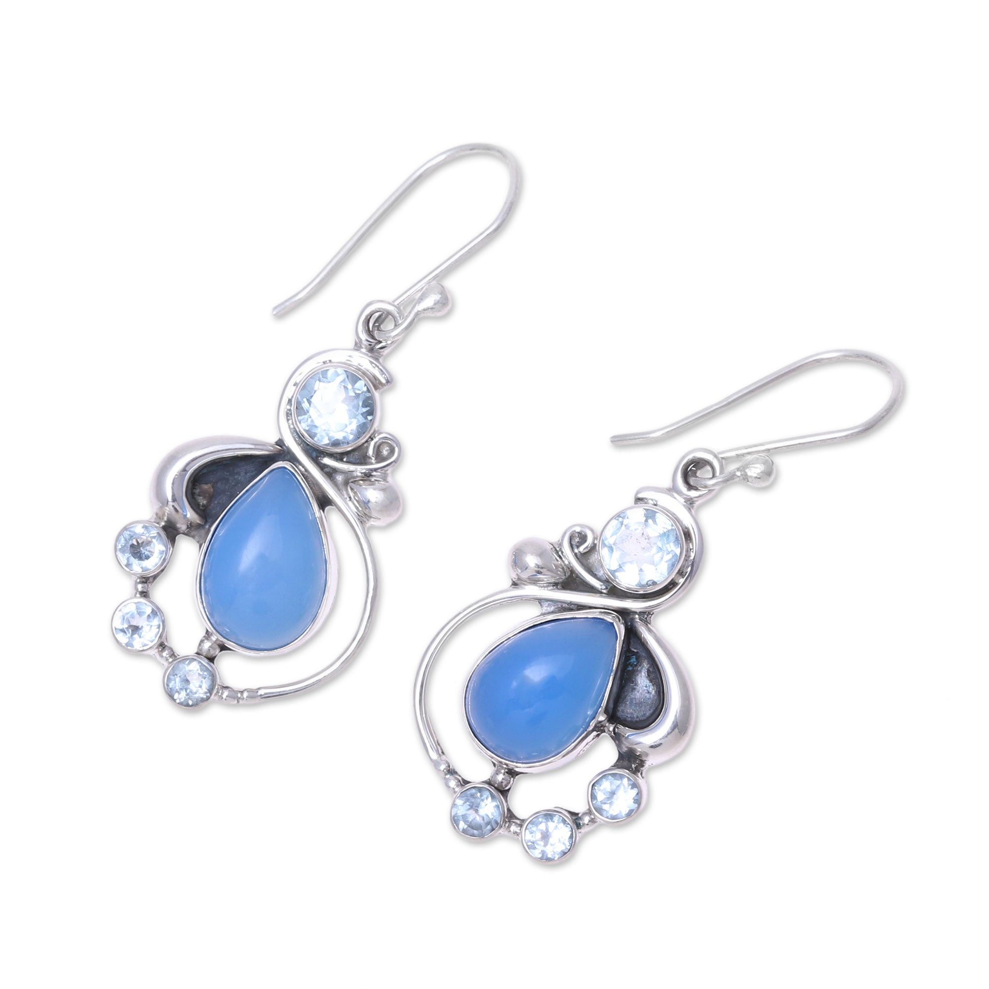 Premium Elegant Dew Blue Topaz & Chalcedony Dangle Earrings - Handcrafted in India