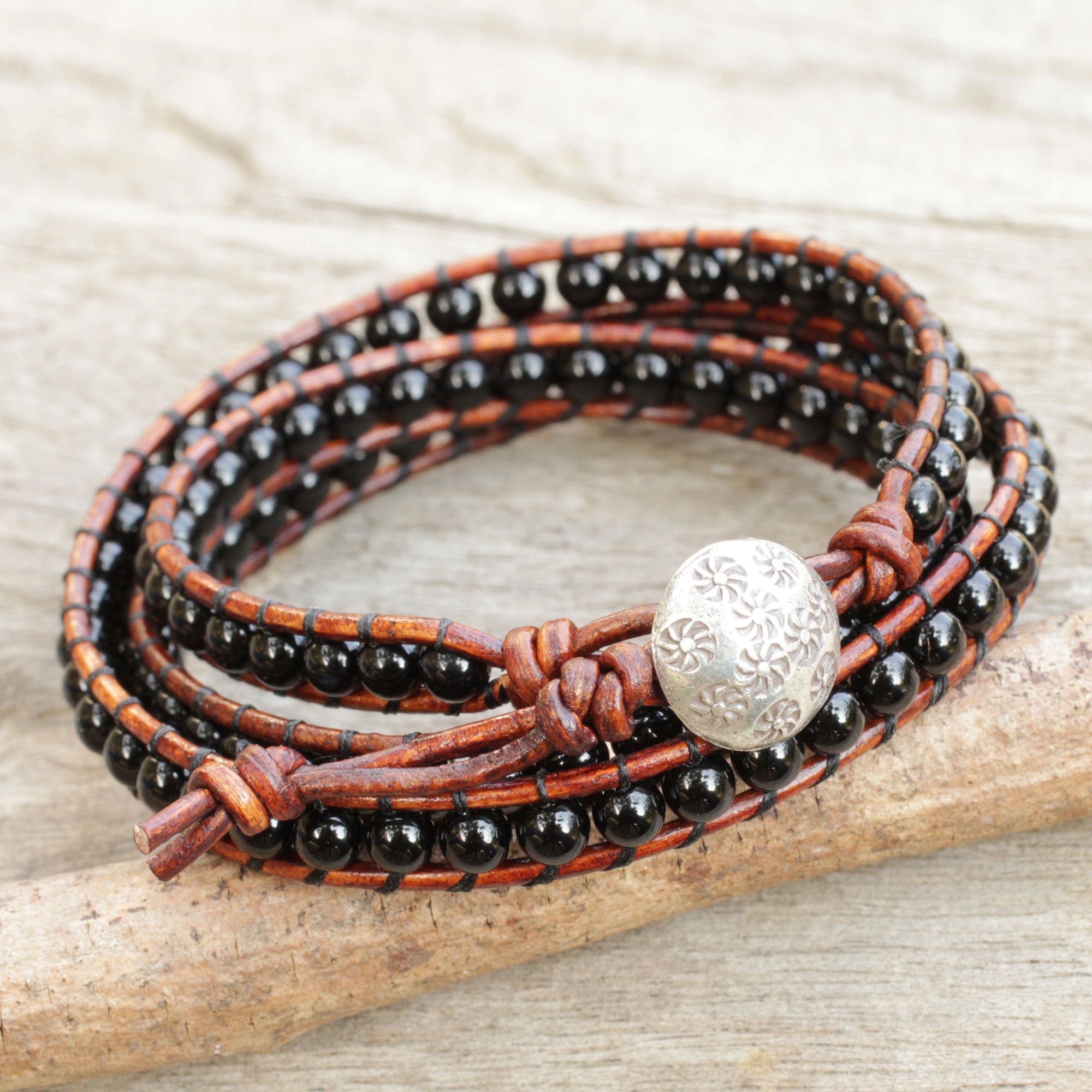 Premium Surin Night Onyx & Leather Wrap Bracelet with Hill Tribe Silver Clasp