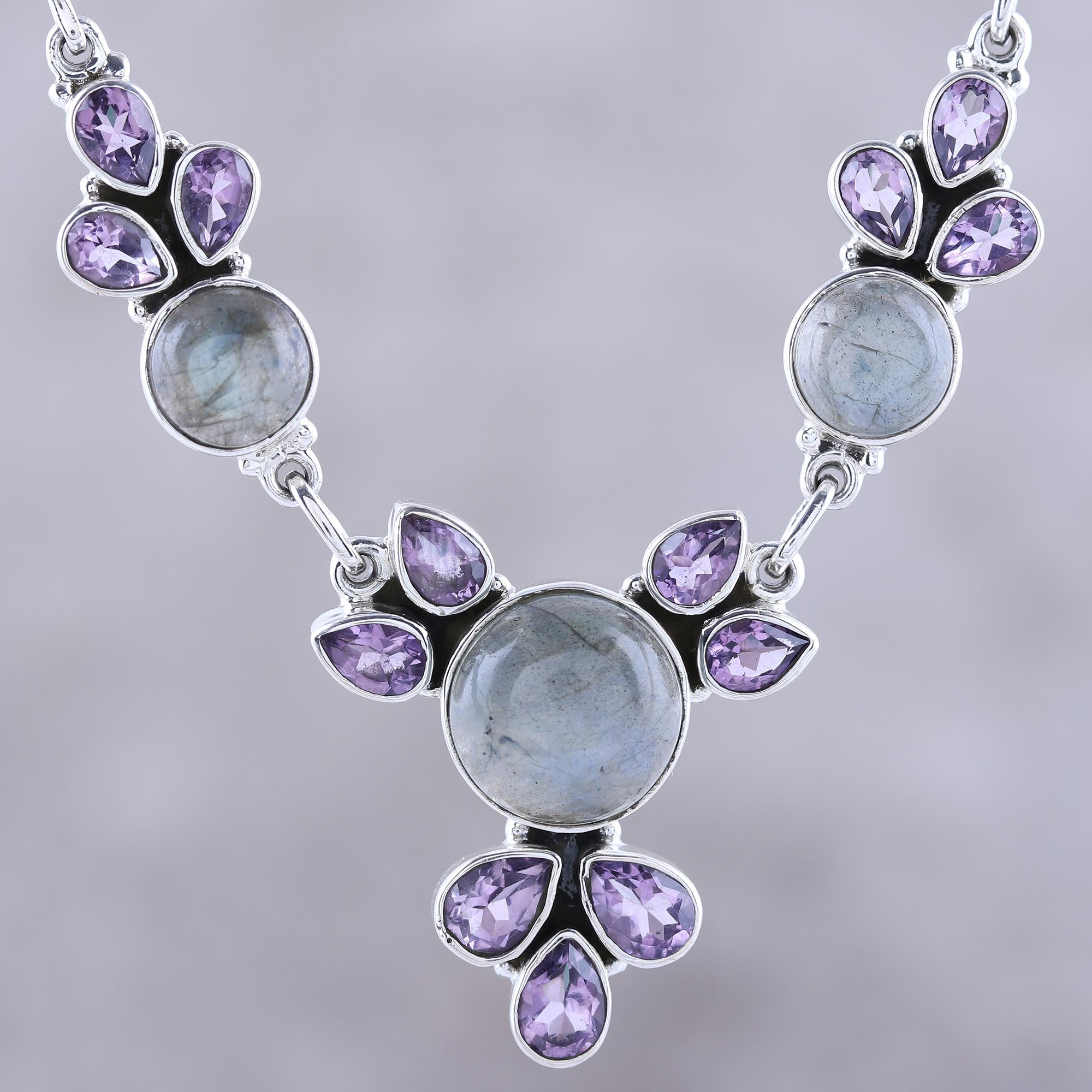 Premium Aurora Blossom Amethyst & Labradorite Sterling Silver Necklace