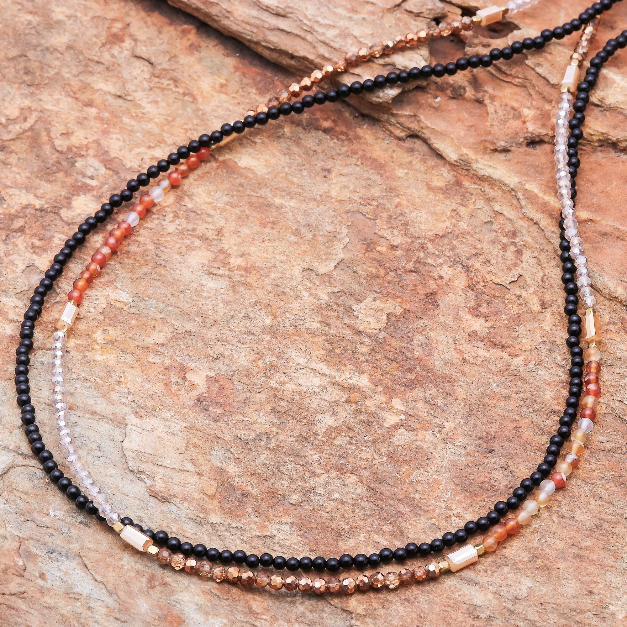 Premium Midnight Love Long Beaded Necklace - Red-Orange Agate & Brass Bohemian Style