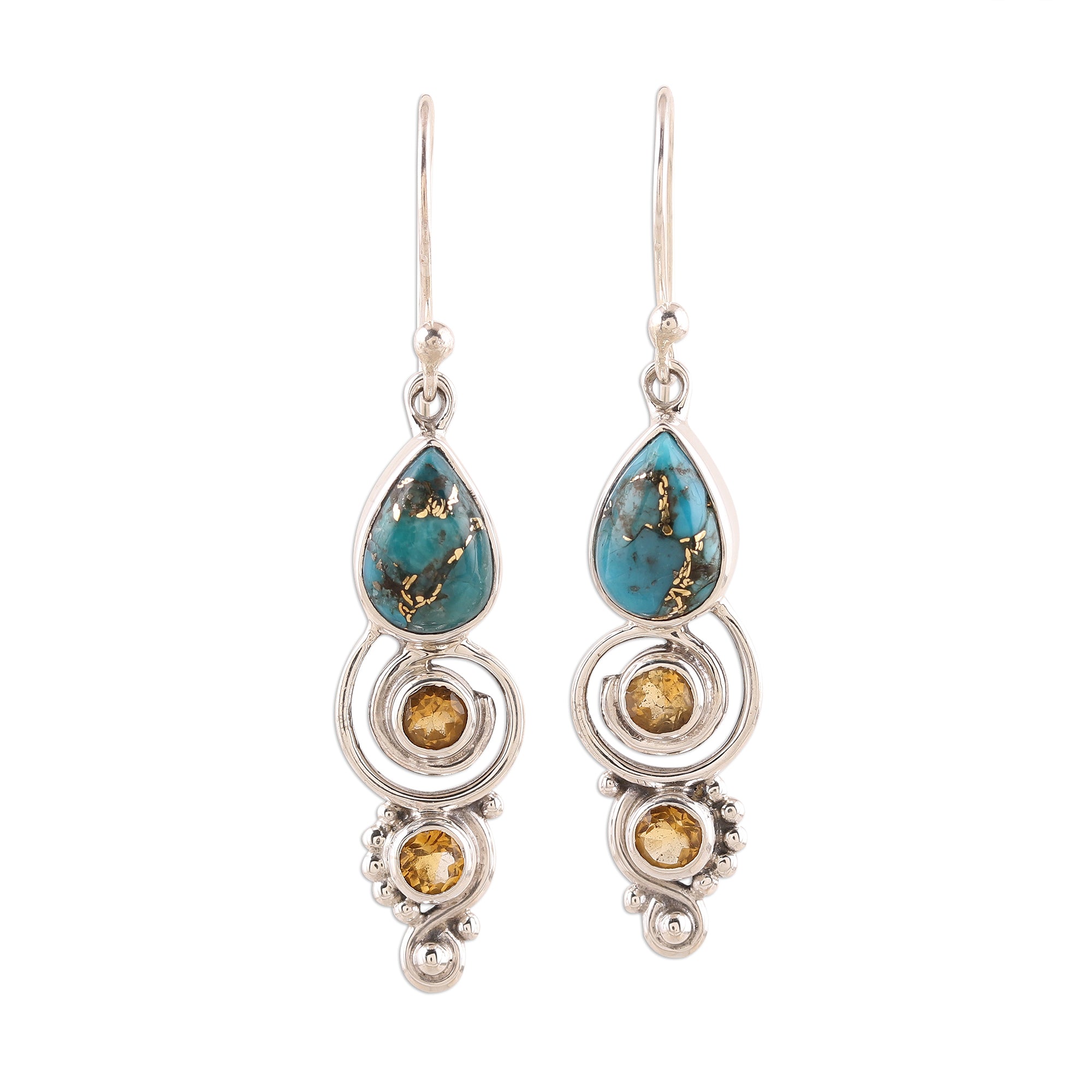 Premium Citrine & Turquoise Dangle Earrings - Handcrafted Sterling Silver Jewelry from India