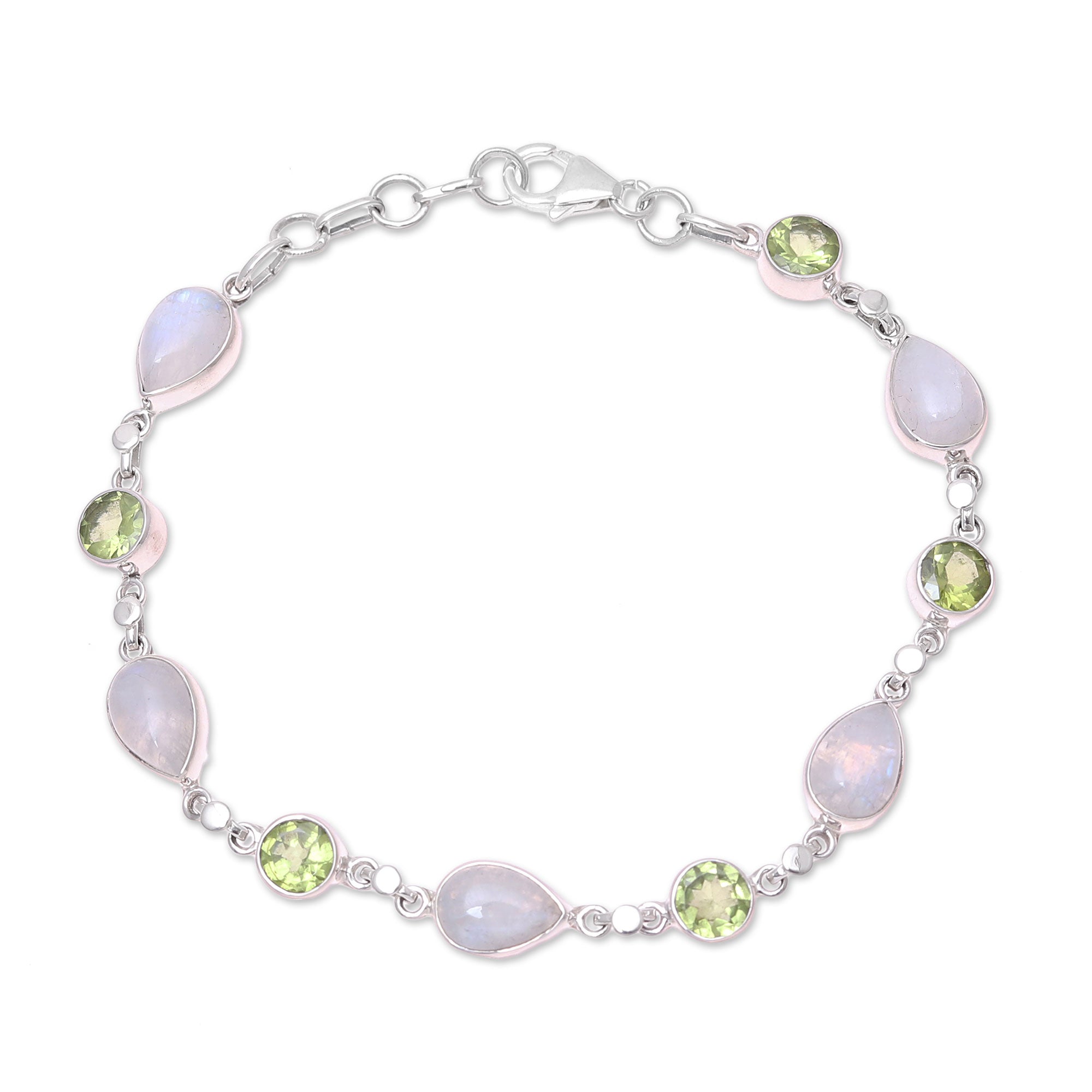 Premium Misty Forest Sterling Silver Bracelet with Rainbow Moonstone & Peridot