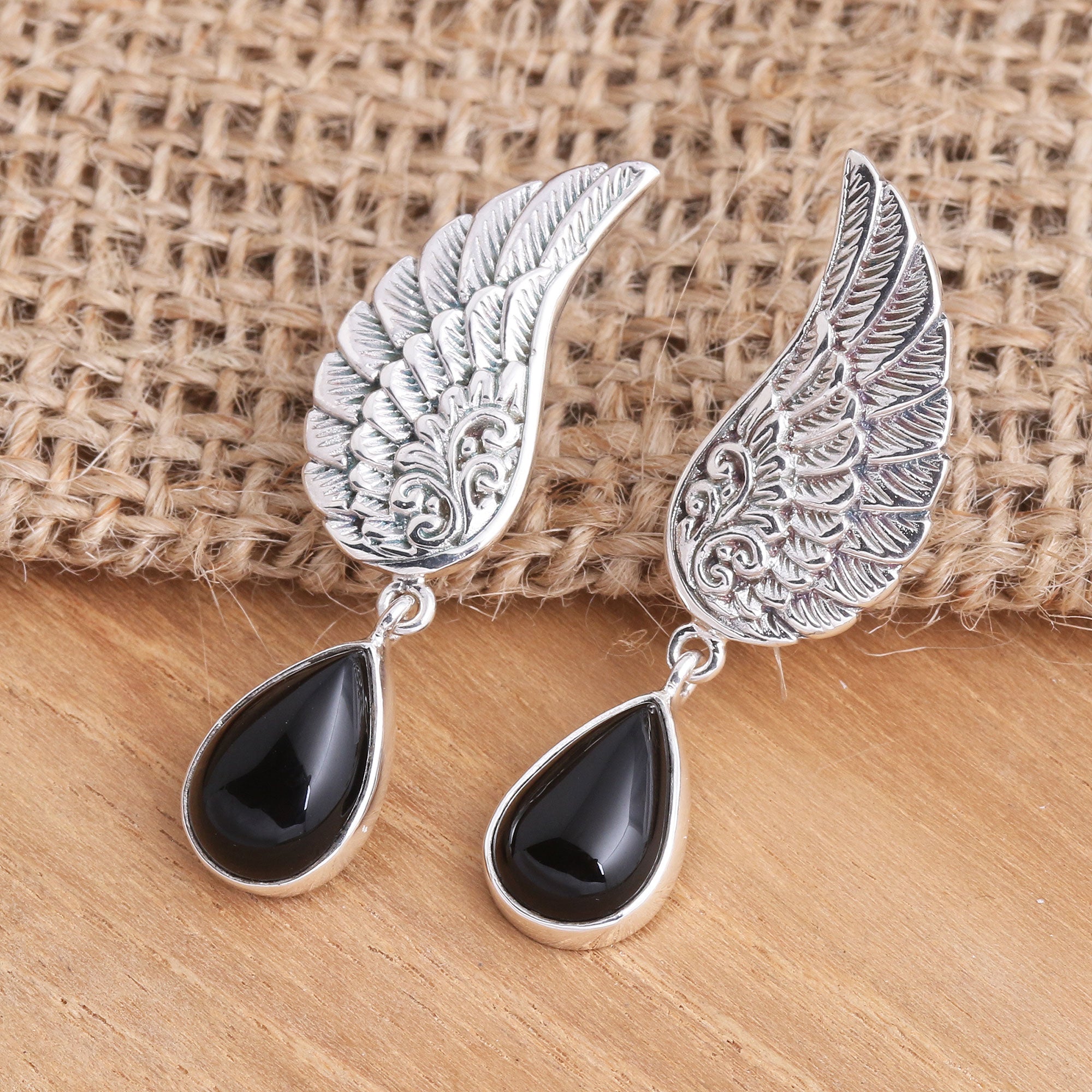 Premium Midnight Onyx Sterling Silver Dangle Earrings - Elegant Wing Design