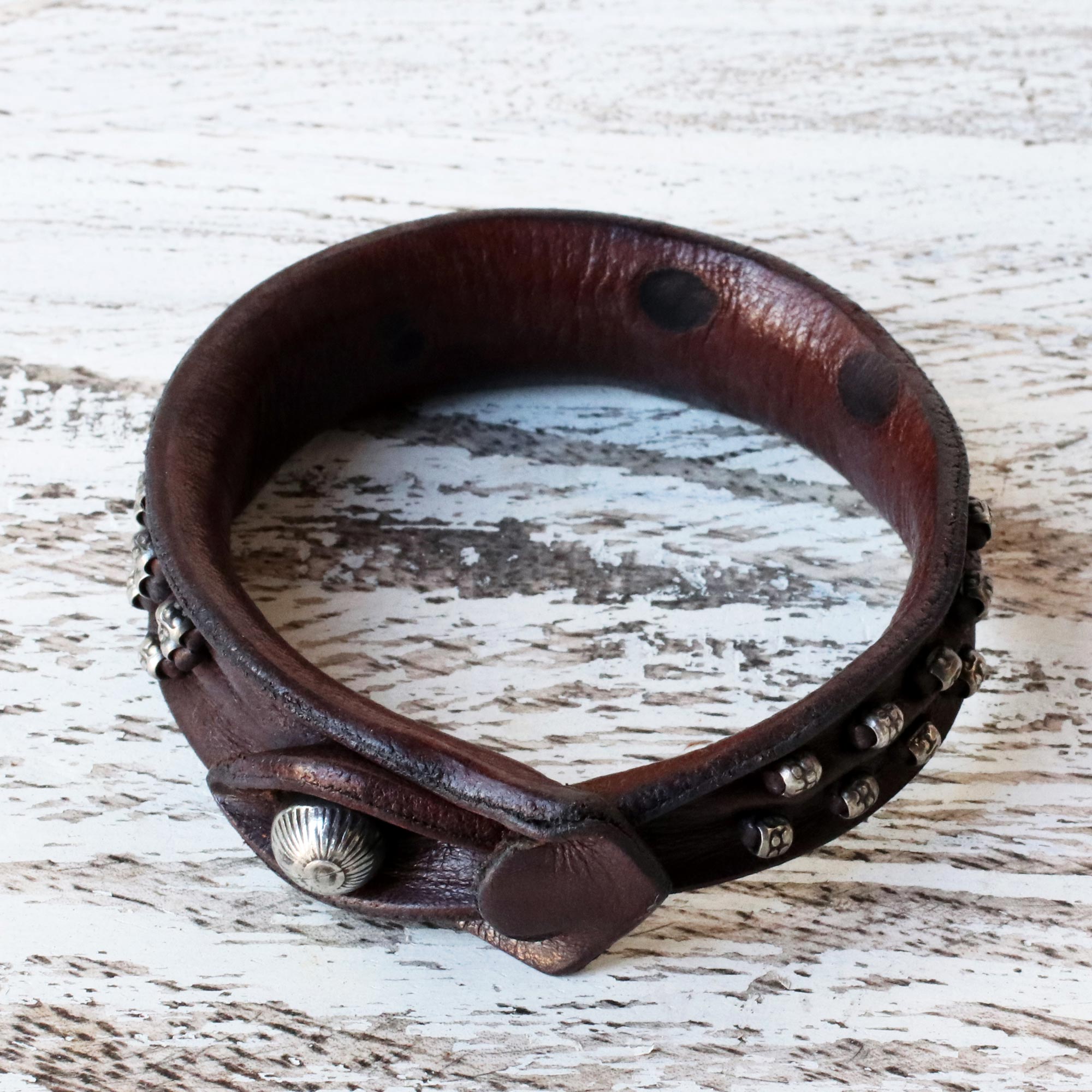 Premium Mountain Rock Leather Bracelet with Karen Hill Tribe Silver Accents