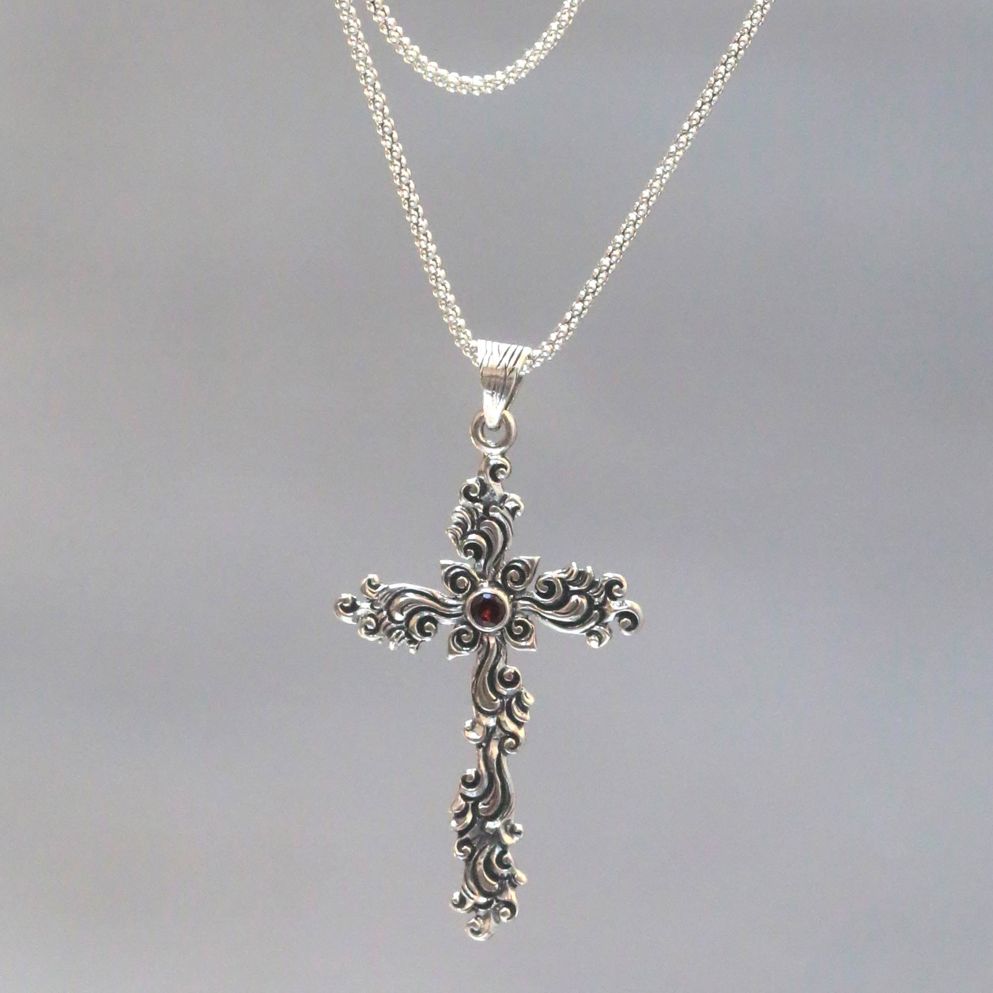 Premium Balinese Floral Sterling Silver Necklace with Garnet Cross Pendant