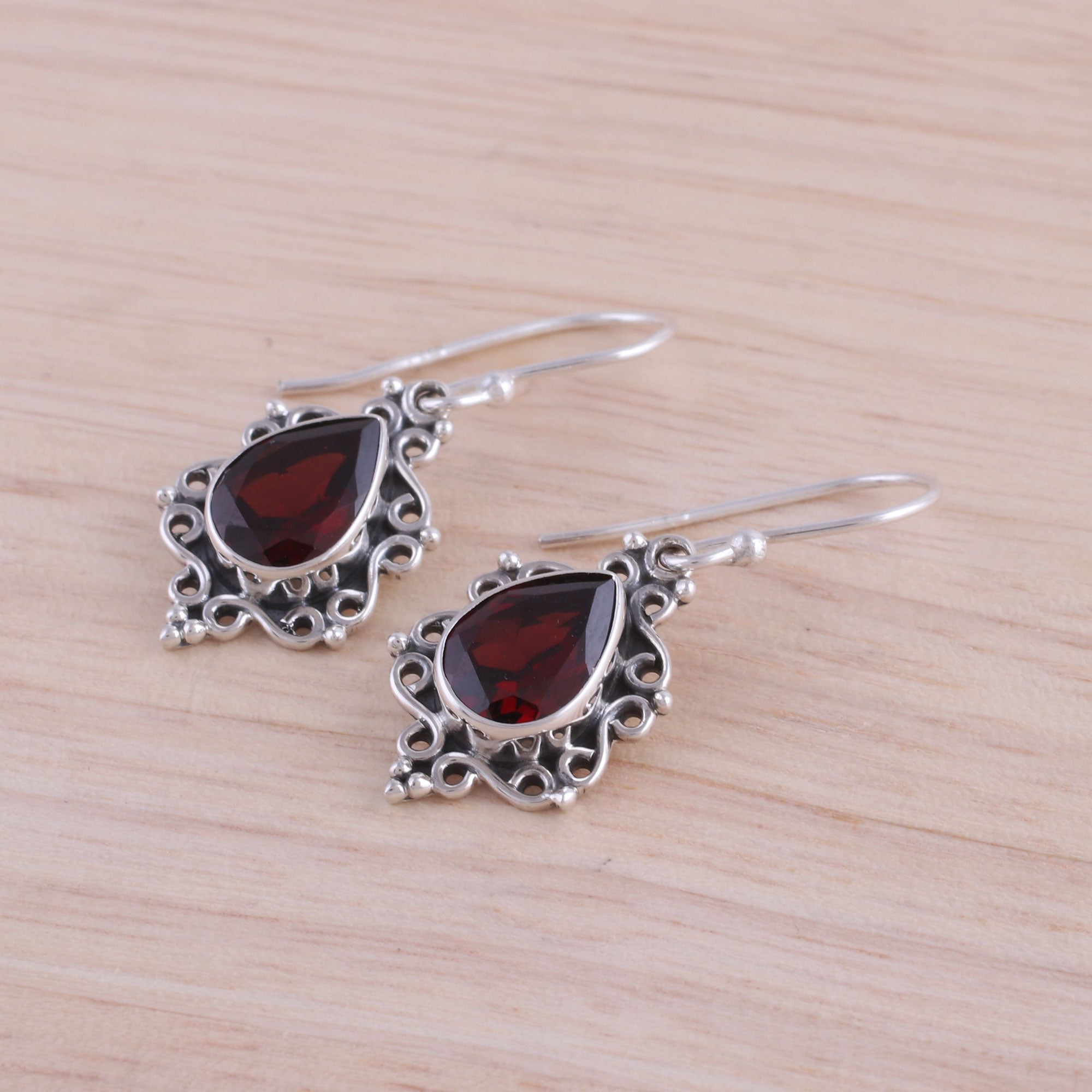 Premium Sterling Silver & Garnet Dangle Earrings - Handcrafted in India