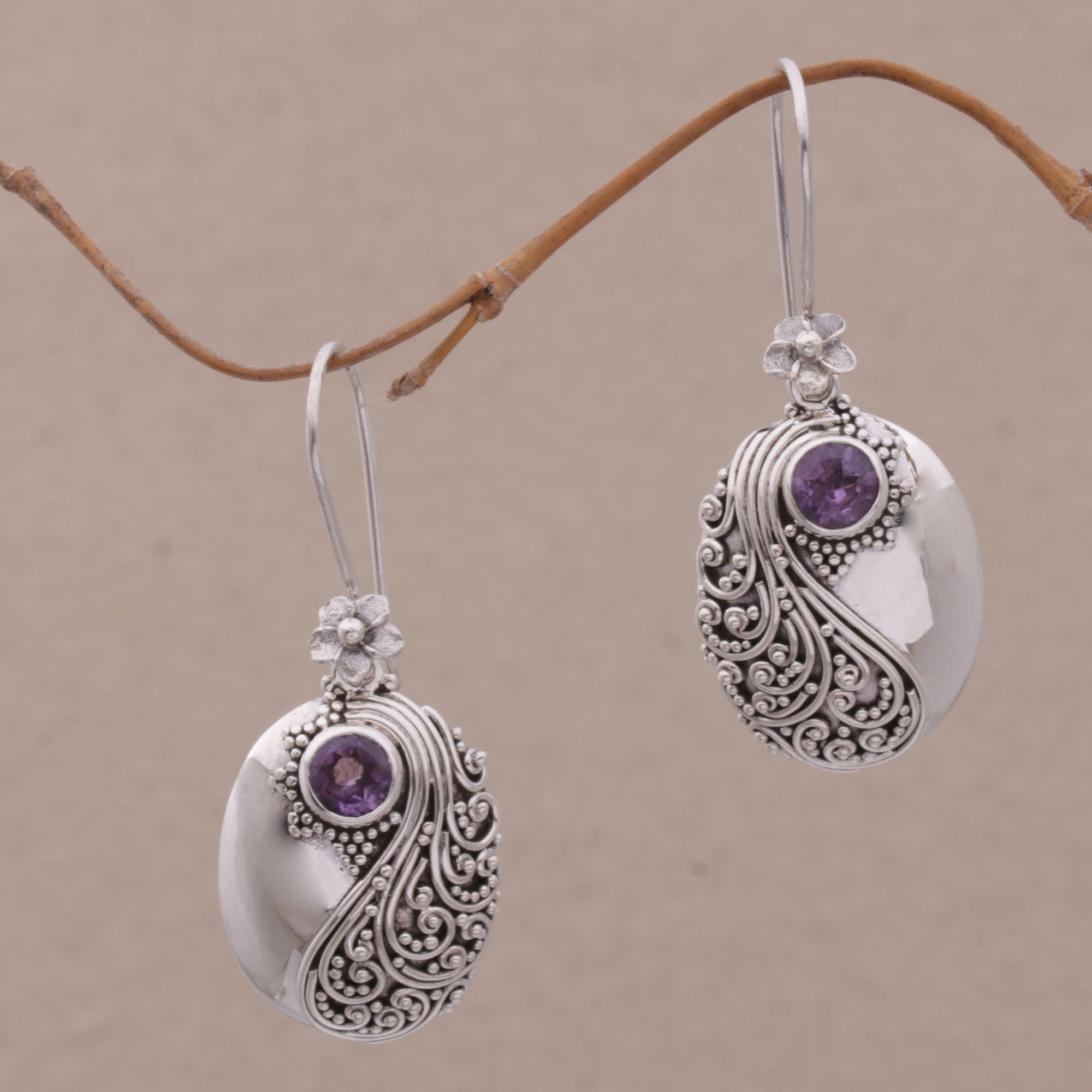 Premium Spiral Garden Amethyst Dangle Earrings in Sterling Silver